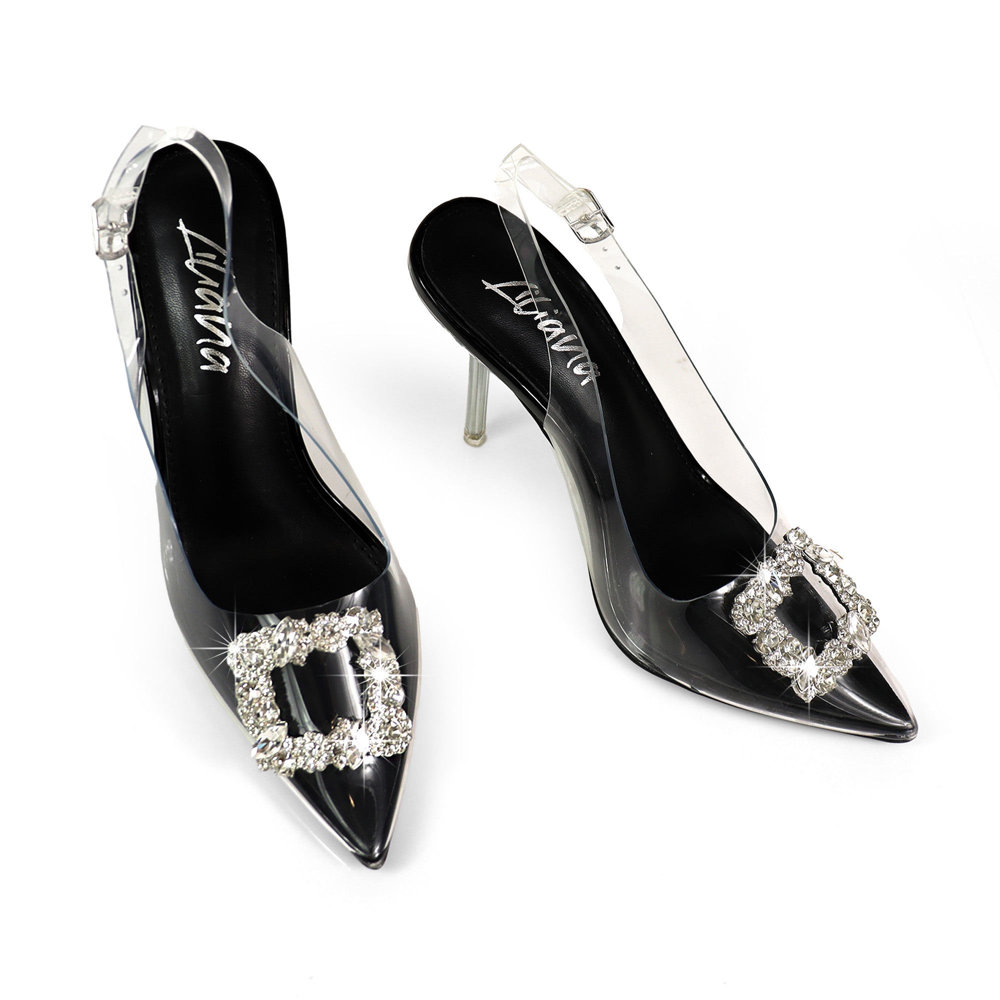 LEILANI-1 POINTIED TOE RHINESTONE BUCKLE PUMP W/SLINGBACK BLACK