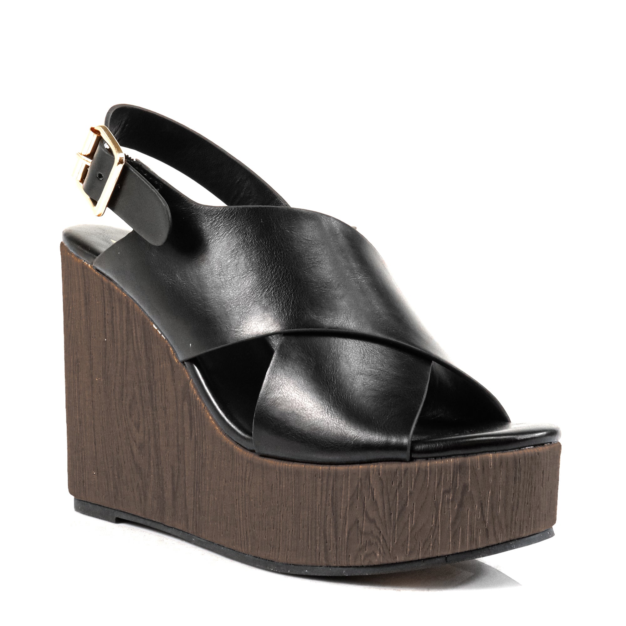 LELISA-16 CROSS BUCKLE ANKLE STRAP SANDAL W/ ESPADRILLE WEDGE BLACK