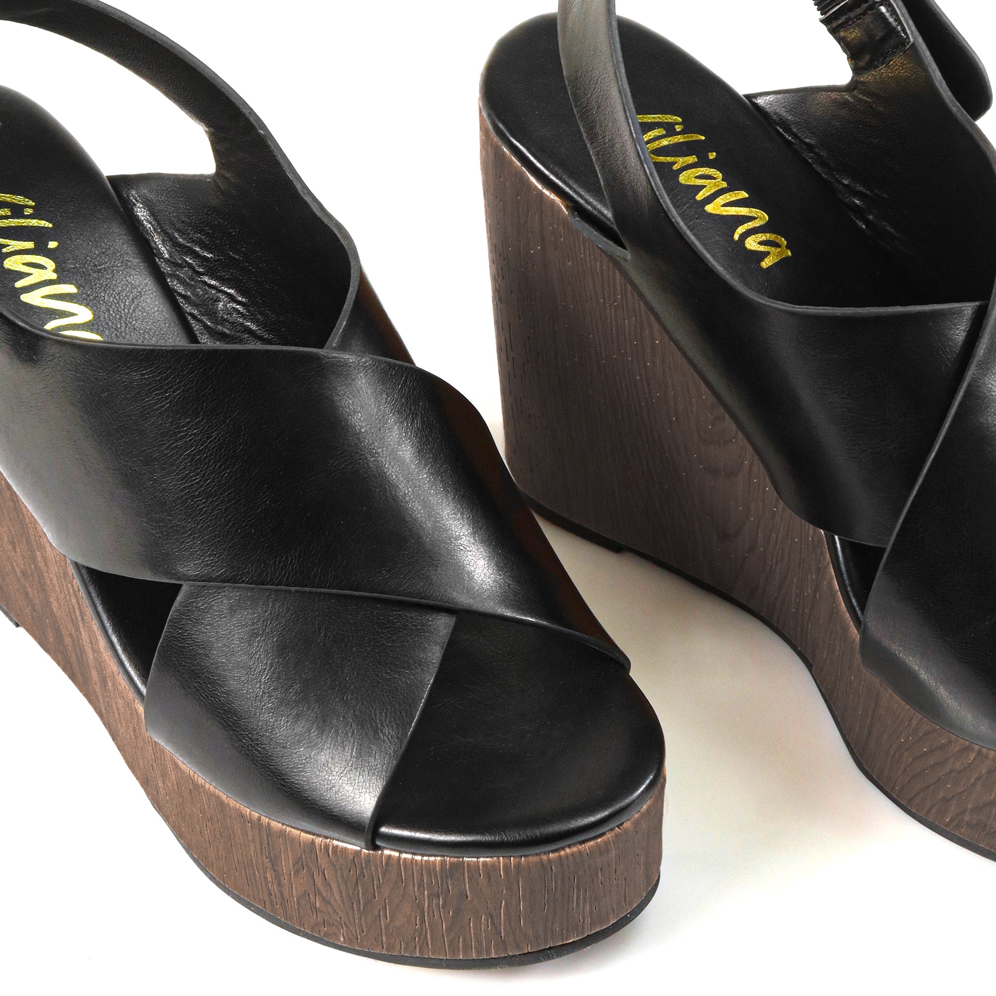 LELISA-16 CROSS BUCKLE ANKLE STRAP SANDAL W/ ESPADRILLE WEDGE BLACK