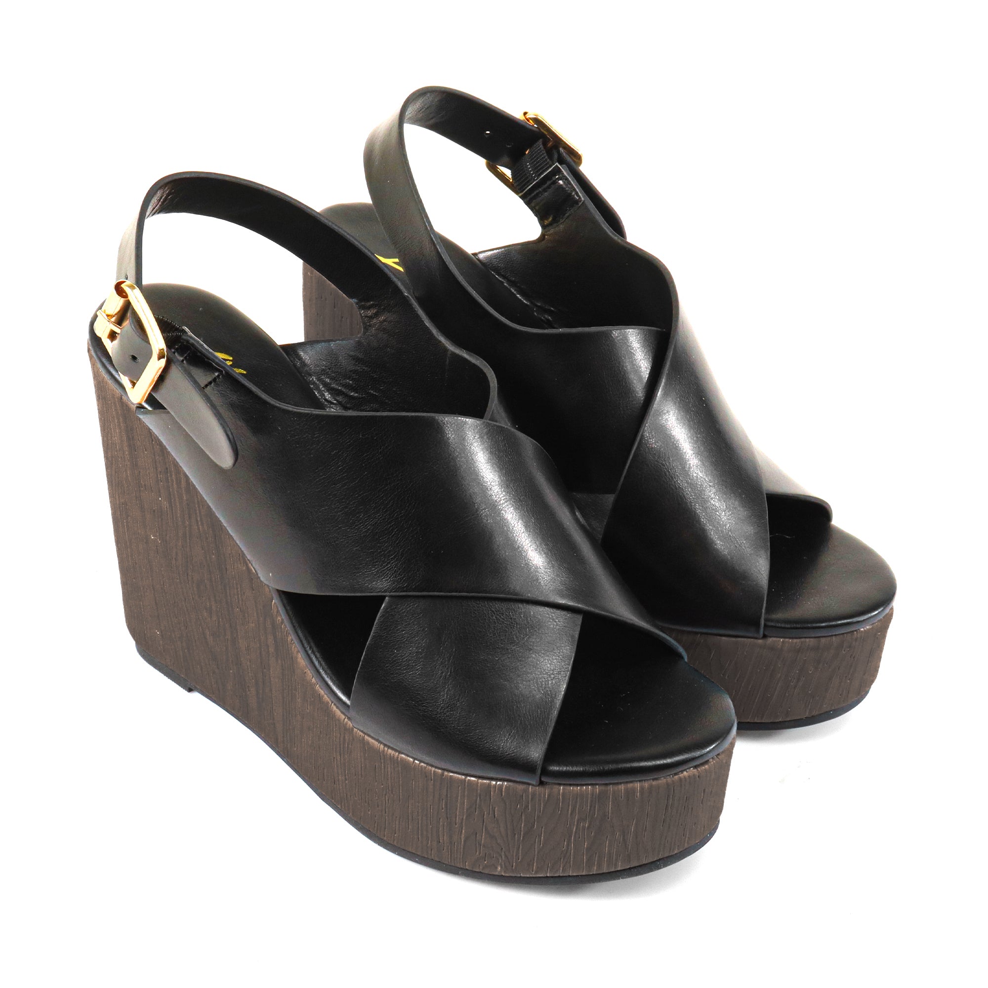 LELISA-16 CROSS BUCKLE ANKLE STRAP SANDAL W/ ESPADRILLE WEDGE BLACK