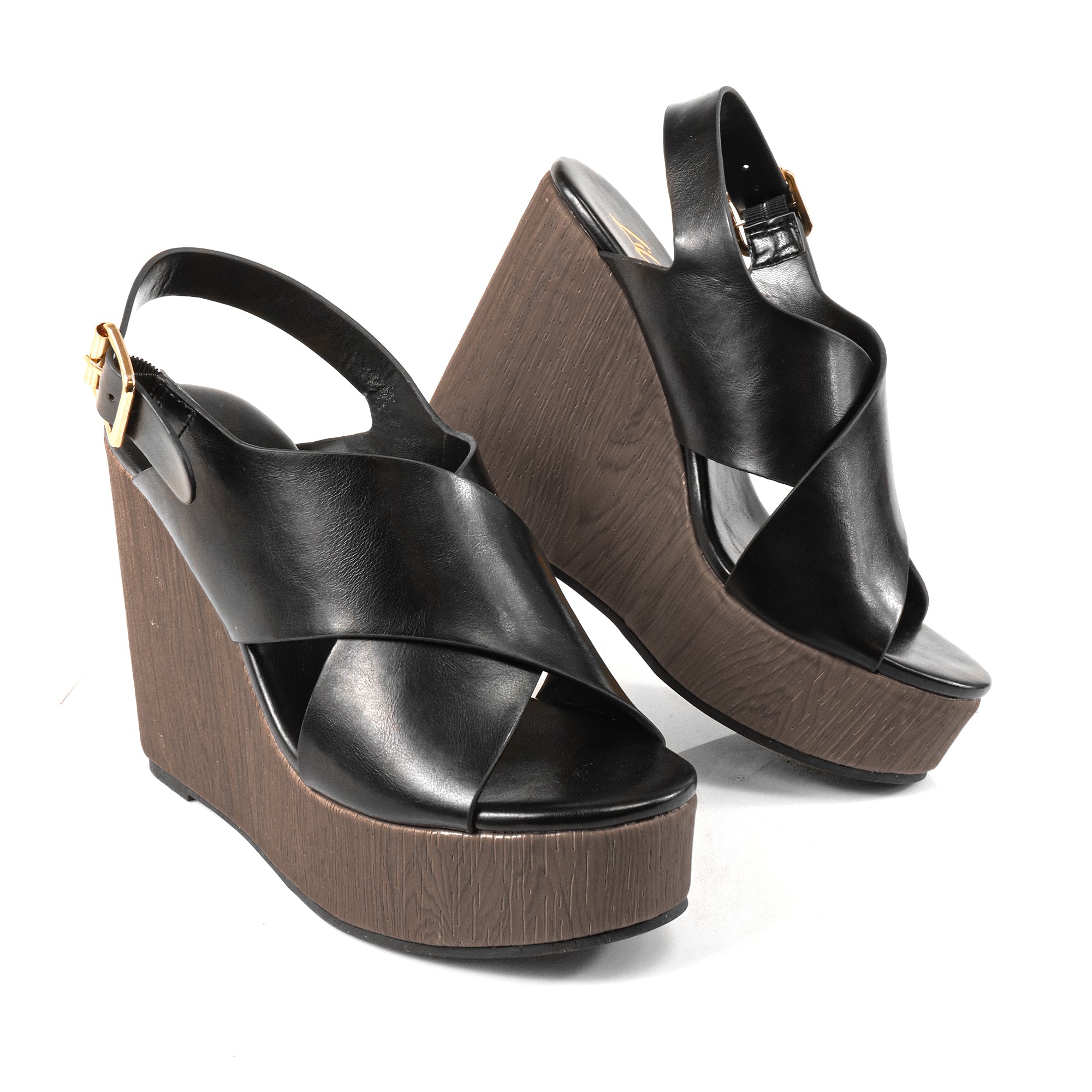 LELISA-16 CROSS BUCKLE ANKLE STRAP SANDAL W/ ESPADRILLE WEDGE BLACK
