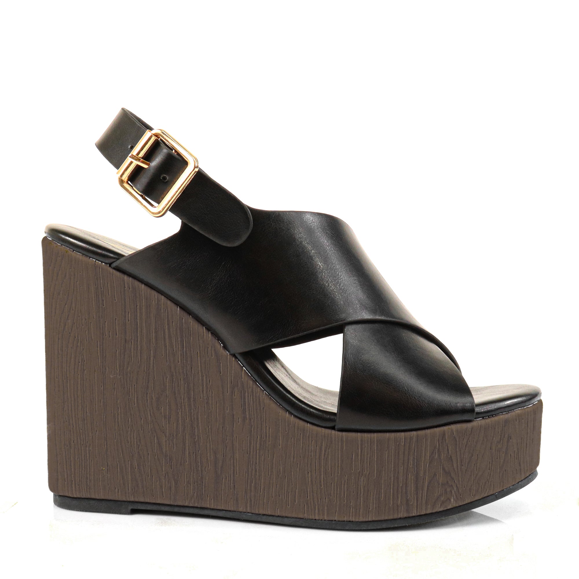 LELISA-16 CROSS BUCKLE ANKLE STRAP SANDAL W/ ESPADRILLE WEDGE BLACK
