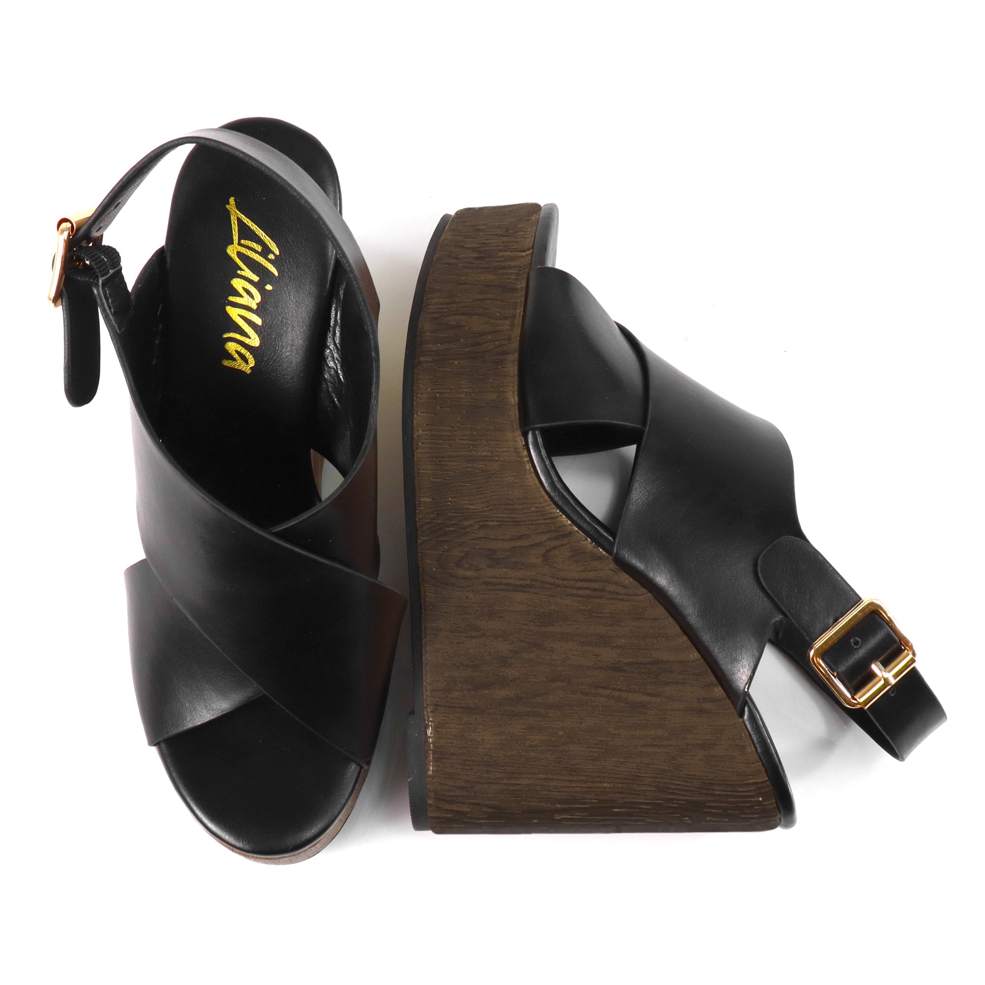LELISA-16 CROSS BUCKLE ANKLE STRAP SANDAL W/ ESPADRILLE WEDGE BLACK