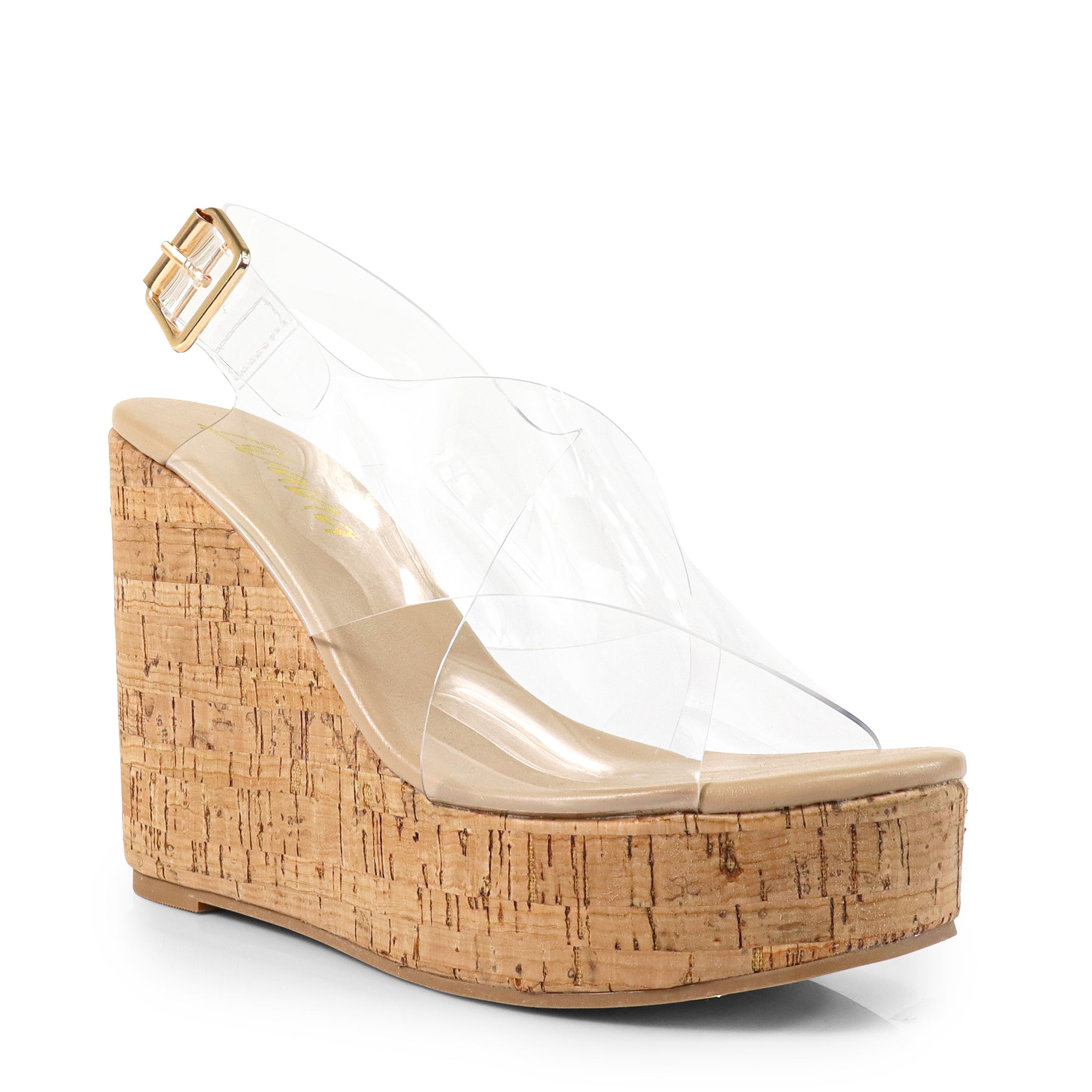 LELISA-16 CROSS BUCKLE ANKLE STRAP SANDAL W/ ESPADRILLE WEDGE CLEAR