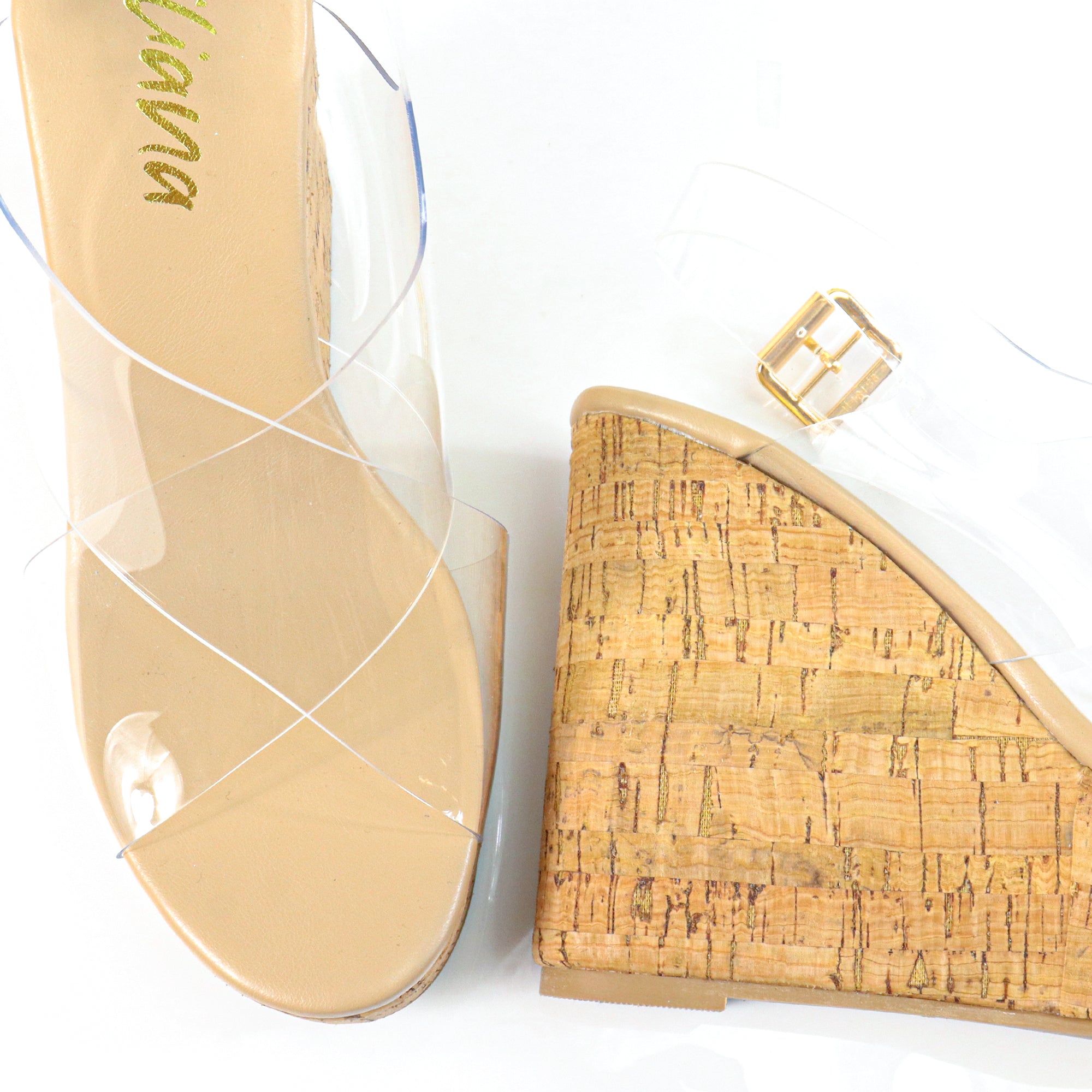 LELISA-16 CROSS BUCKLE ANKLE STRAP SANDAL W/ ESPADRILLE WEDGE CLEAR