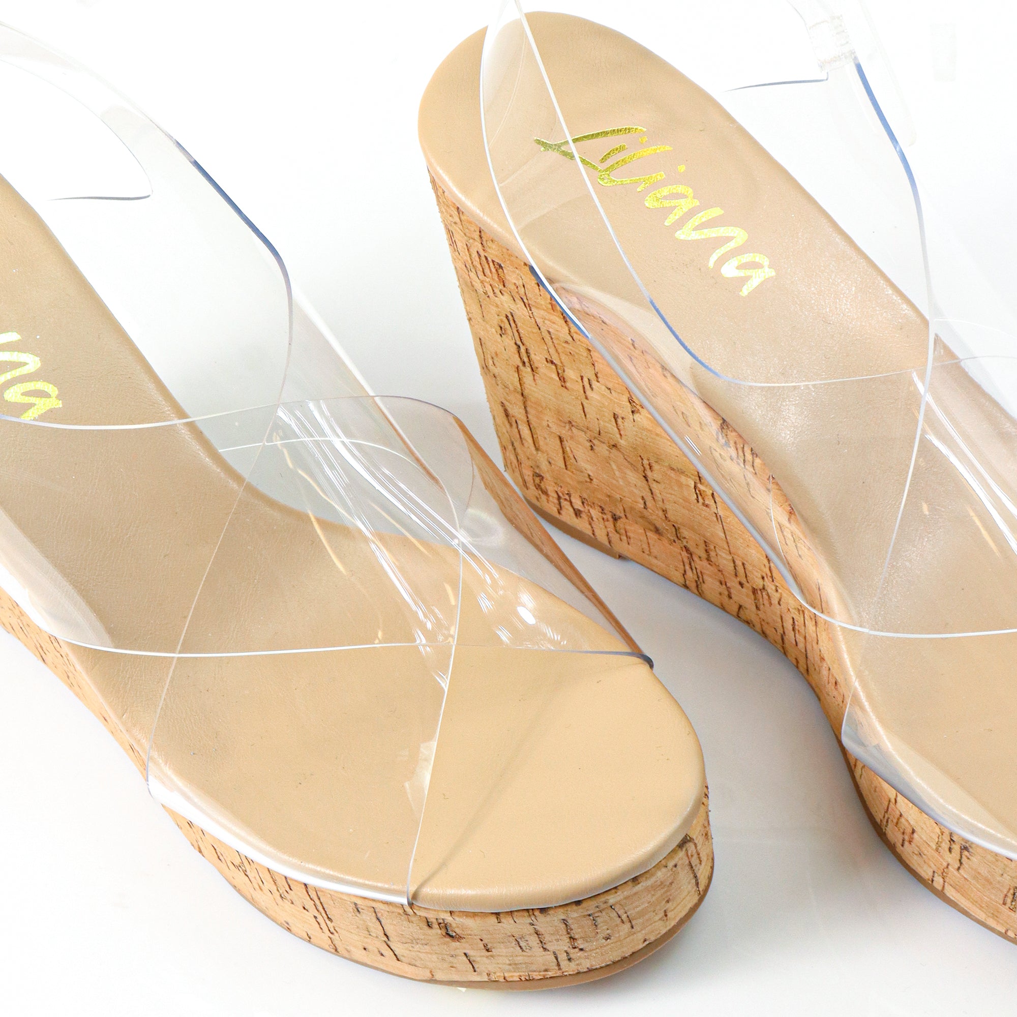 LELISA-16 CROSS BUCKLE ANKLE STRAP SANDAL W/ ESPADRILLE WEDGE CLEAR