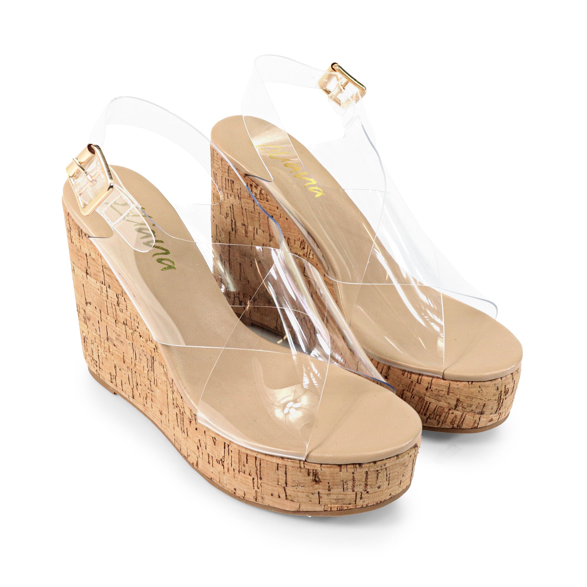 LELISA-16 CROSS BUCKLE ANKLE STRAP SANDAL W/ ESPADRILLE WEDGE CLEAR