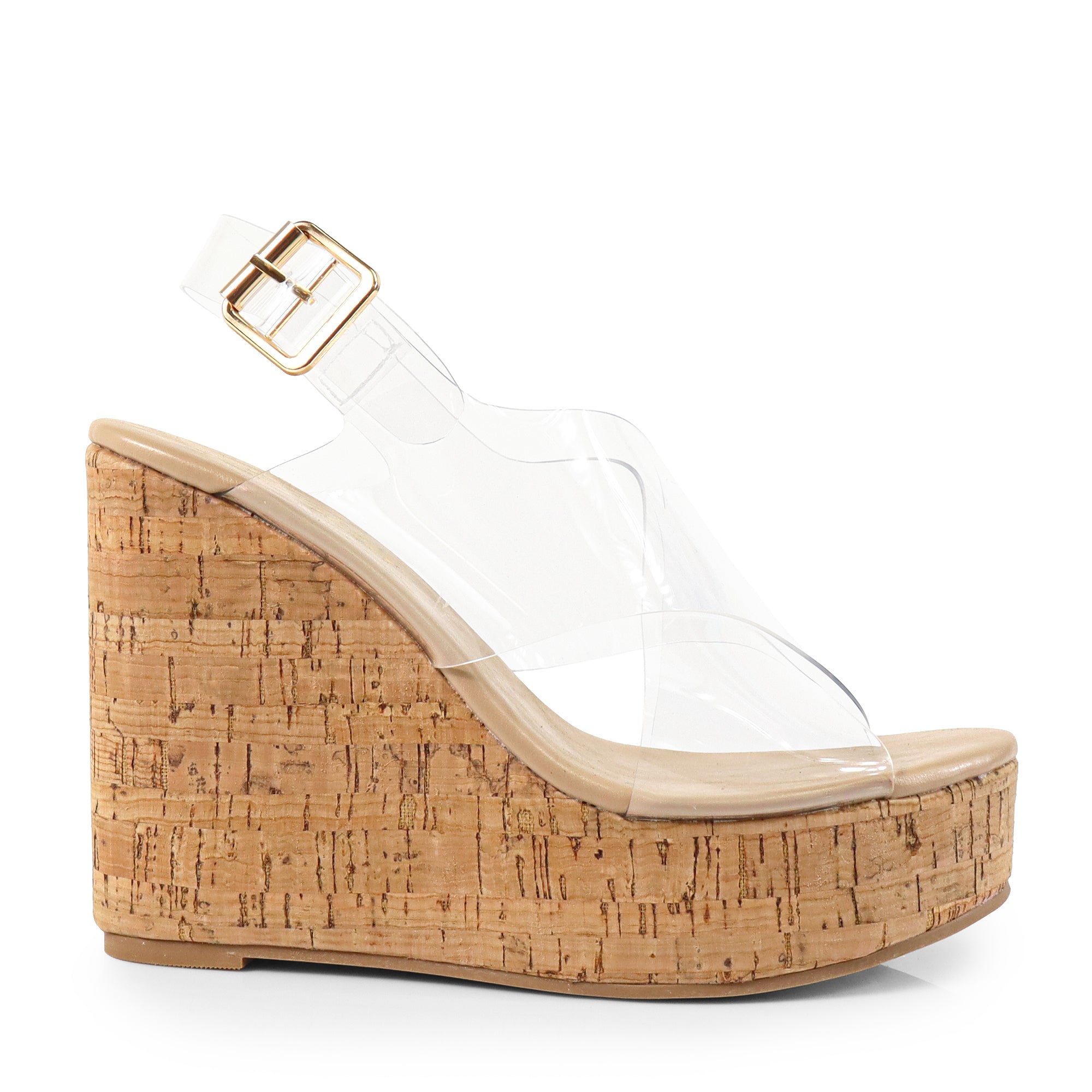 LELISA-16 CROSS BUCKLE ANKLE STRAP SANDAL W/ ESPADRILLE WEDGE CLEAR