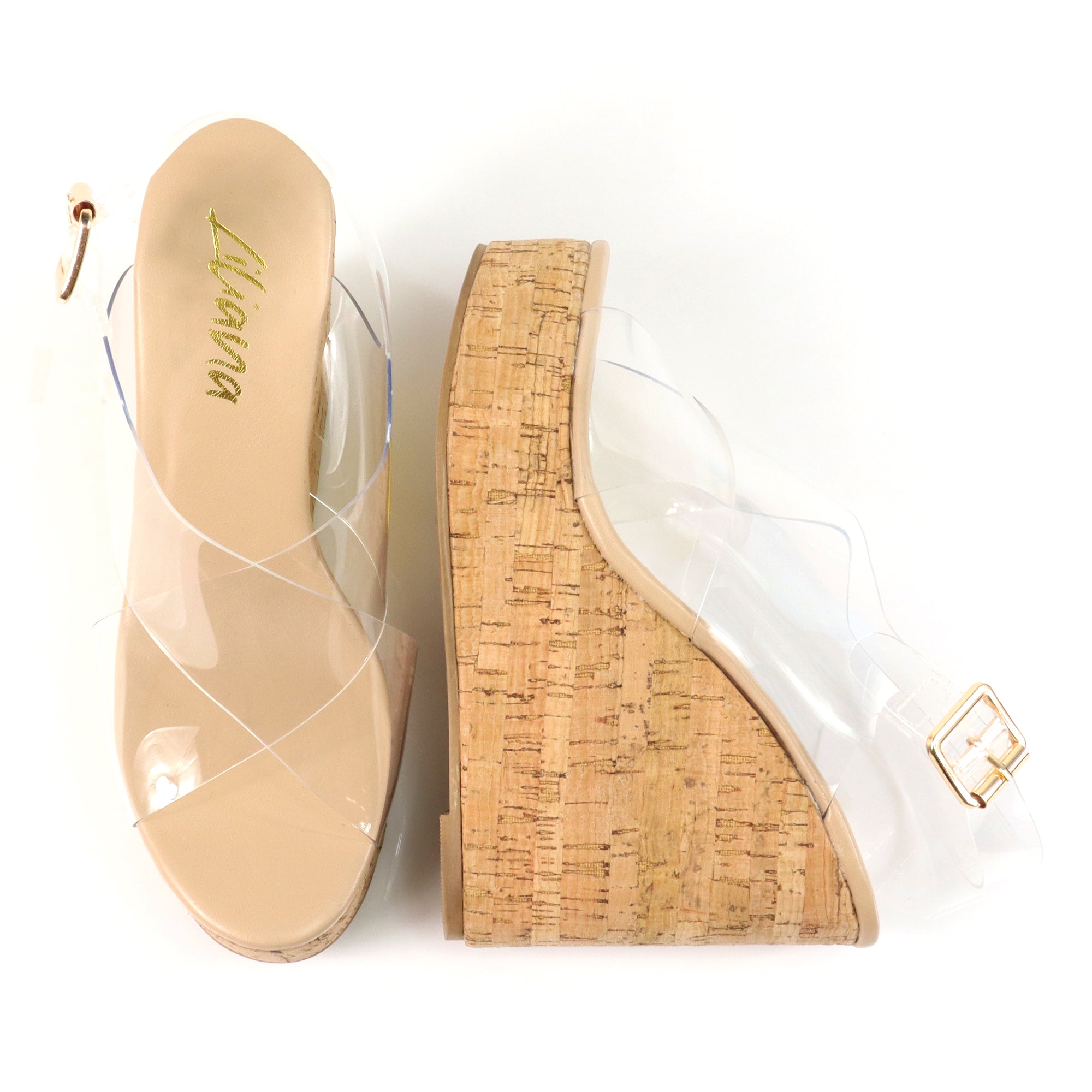 LELISA-16 CROSS BUCKLE ANKLE STRAP SANDAL W/ ESPADRILLE WEDGE CLEAR