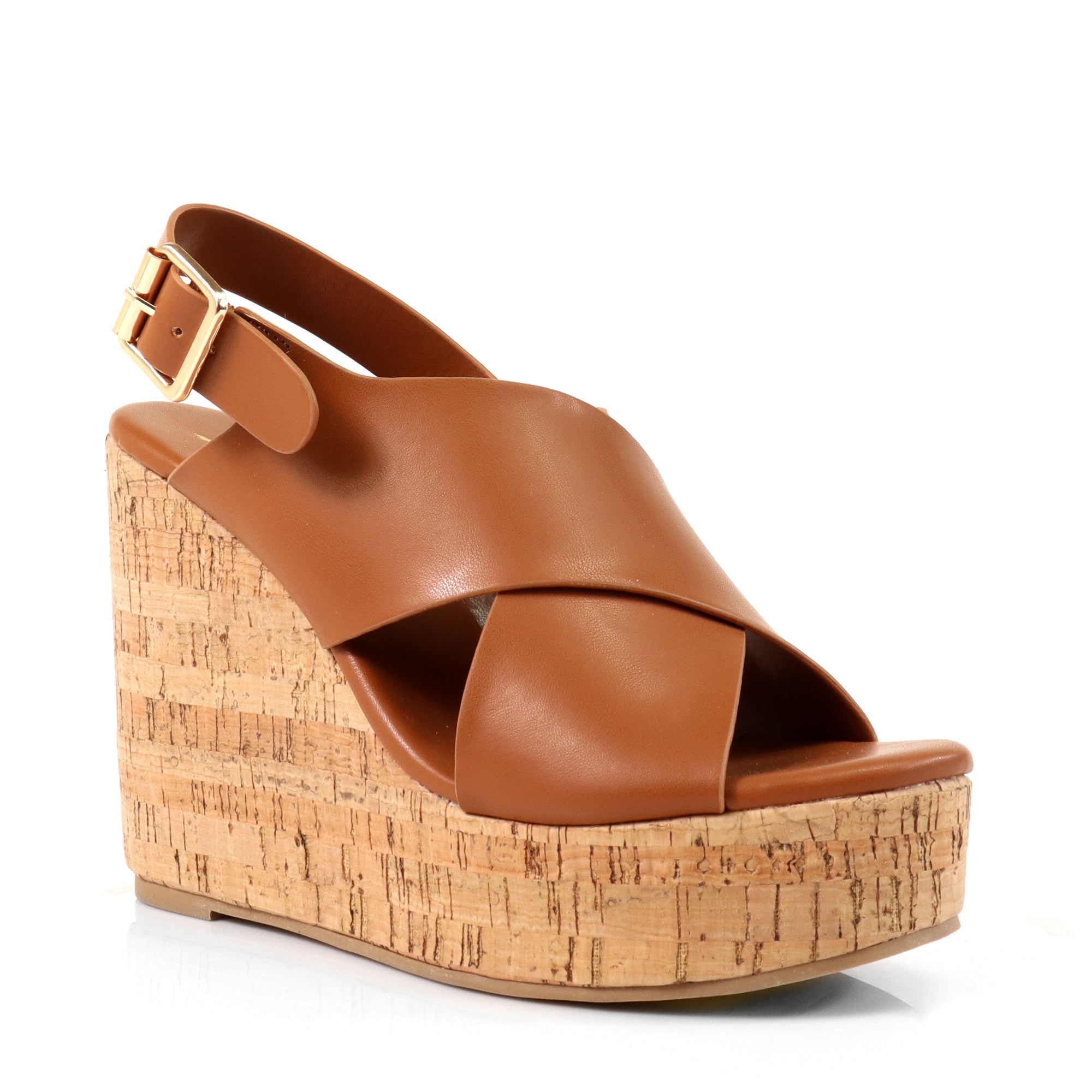 LELISA-16 CROSS BUCKLE ANKLE STRAP SANDAL W/ ESPADRILLE WEDGE TAN