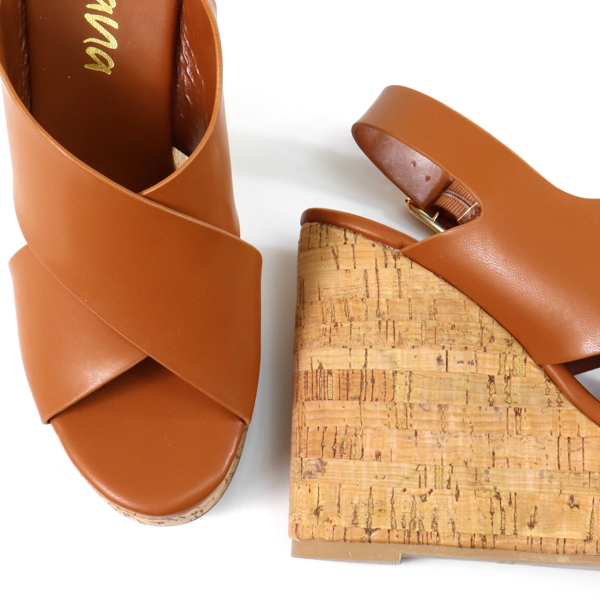 LELISA-16 CROSS BUCKLE ANKLE STRAP SANDAL W/ ESPADRILLE WEDGE TAN
