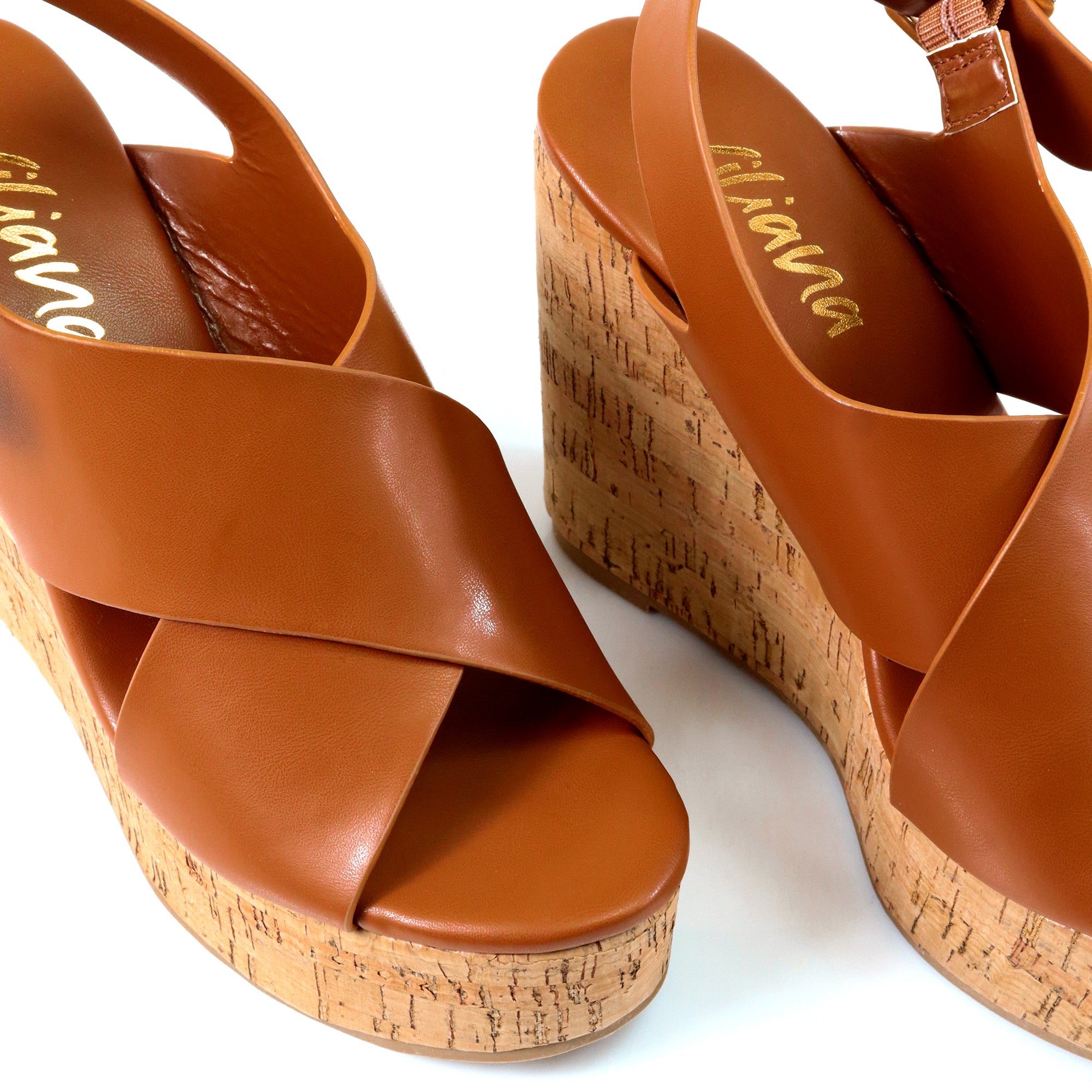 LELISA-16 CROSS BUCKLE ANKLE STRAP SANDAL W/ ESPADRILLE WEDGE TAN