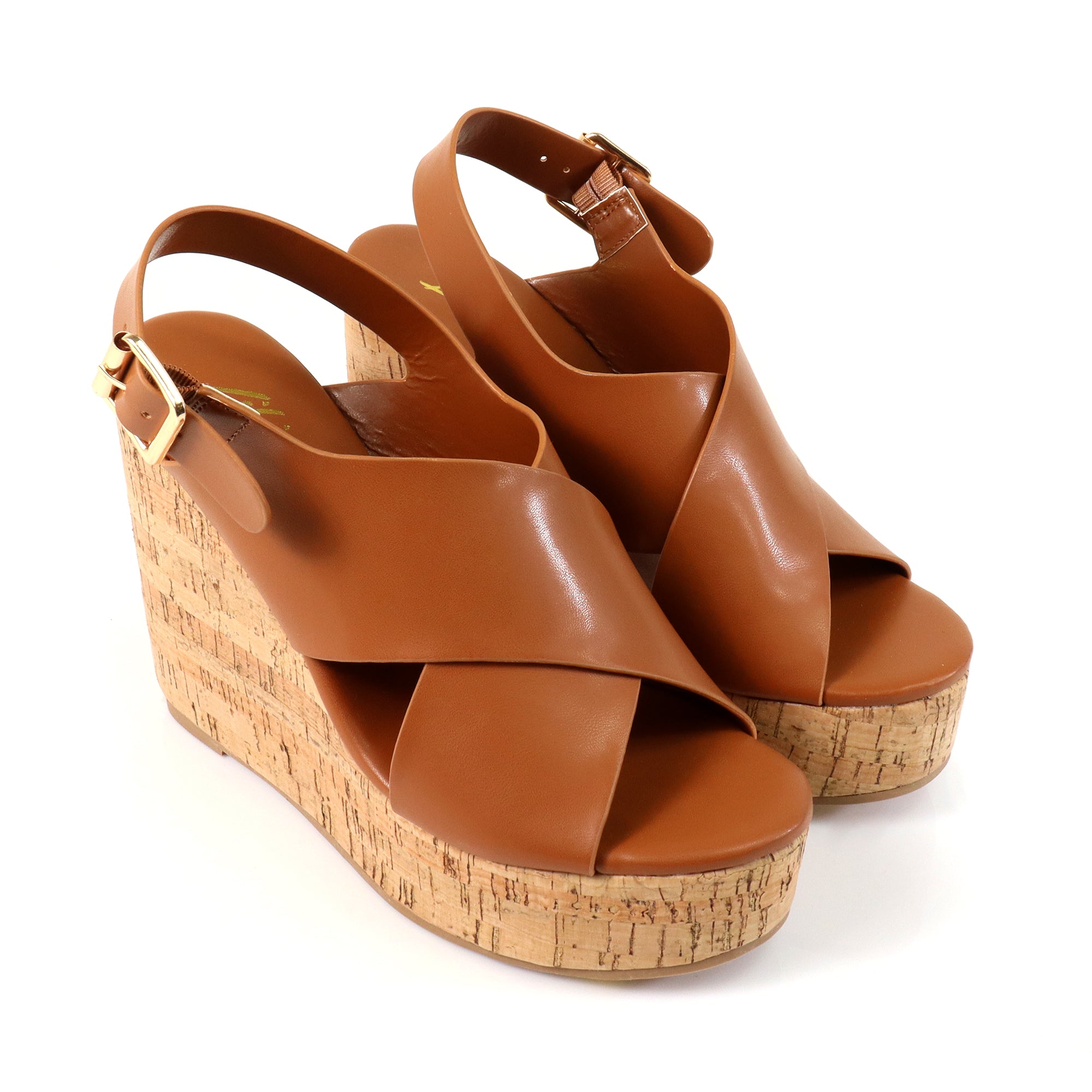 LELISA-16 CROSS BUCKLE ANKLE STRAP SANDAL W/ ESPADRILLE WEDGE TAN