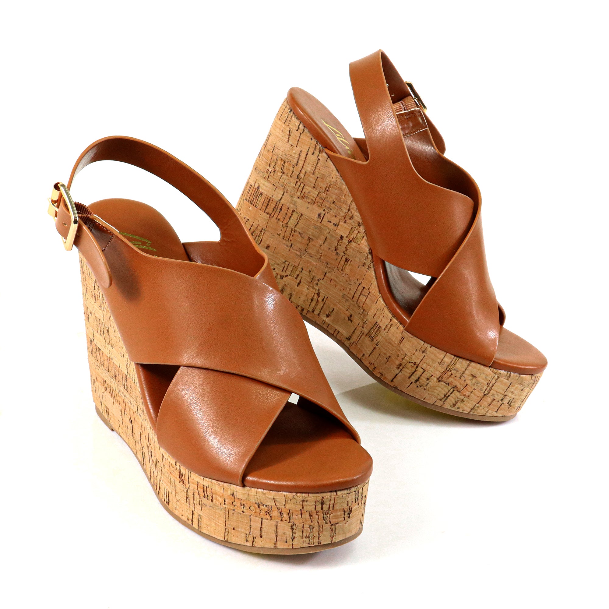 LELISA-16 CROSS BUCKLE ANKLE STRAP SANDAL W/ ESPADRILLE WEDGE TAN