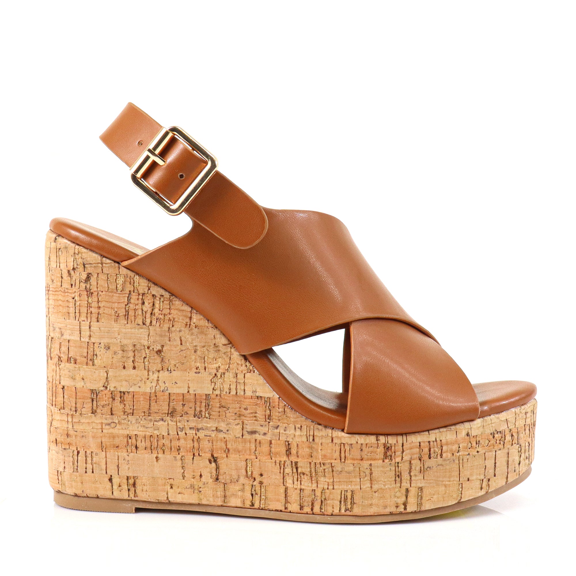 LELISA-16 CROSS BUCKLE ANKLE STRAP SANDAL W/ ESPADRILLE WEDGE TAN