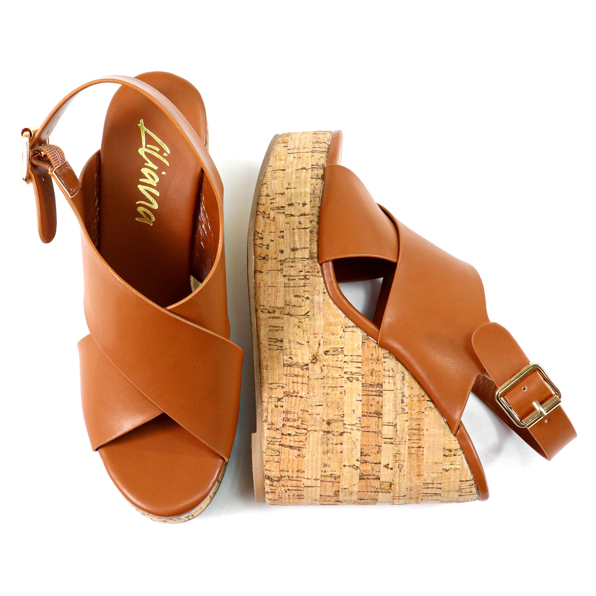 LELISA-16 CROSS BUCKLE ANKLE STRAP SANDAL W/ ESPADRILLE WEDGE TAN