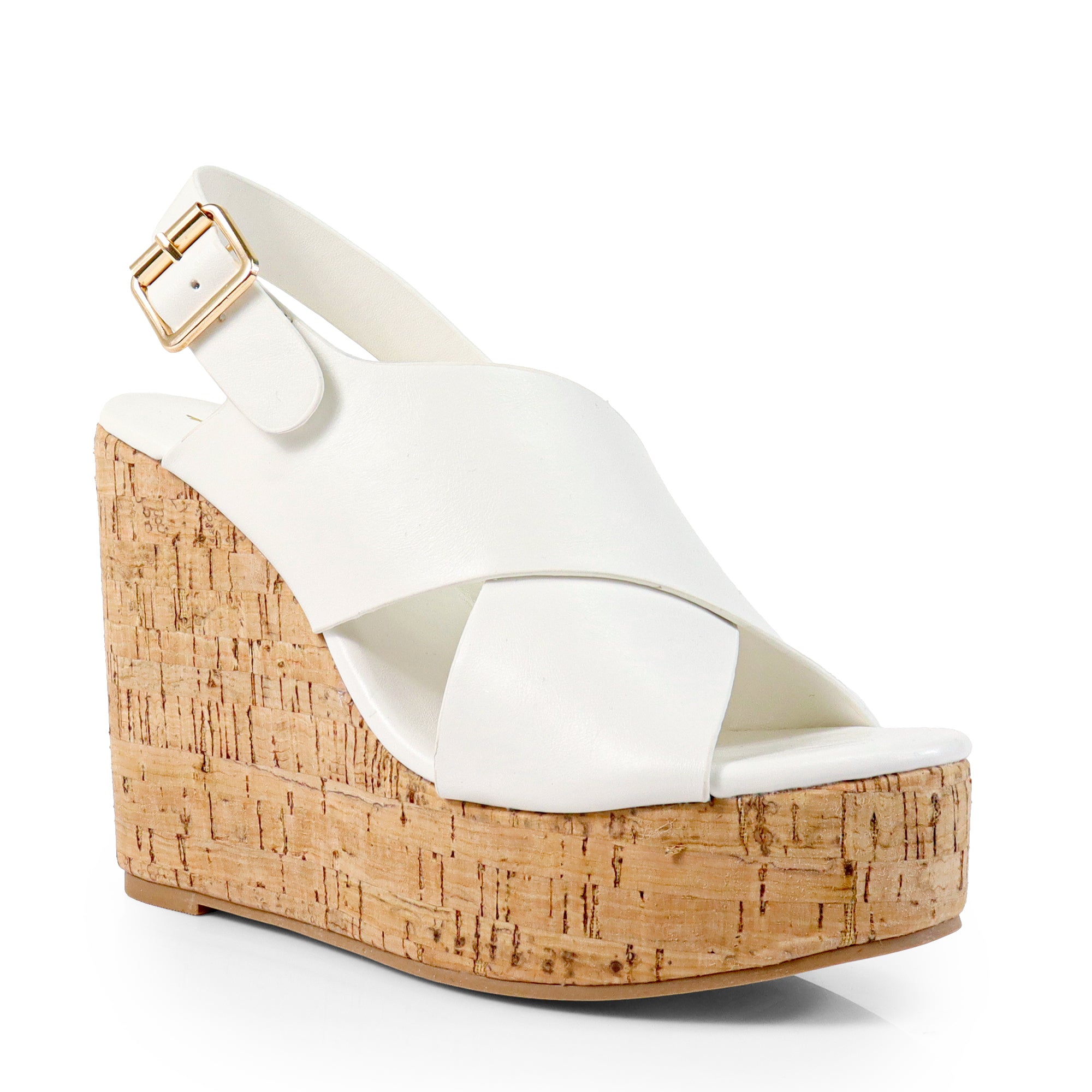 LELISA-16 CROSS BUCKLE ANKLE STRAP SANDAL W/ ESPADRILLE WEDGE WHITE