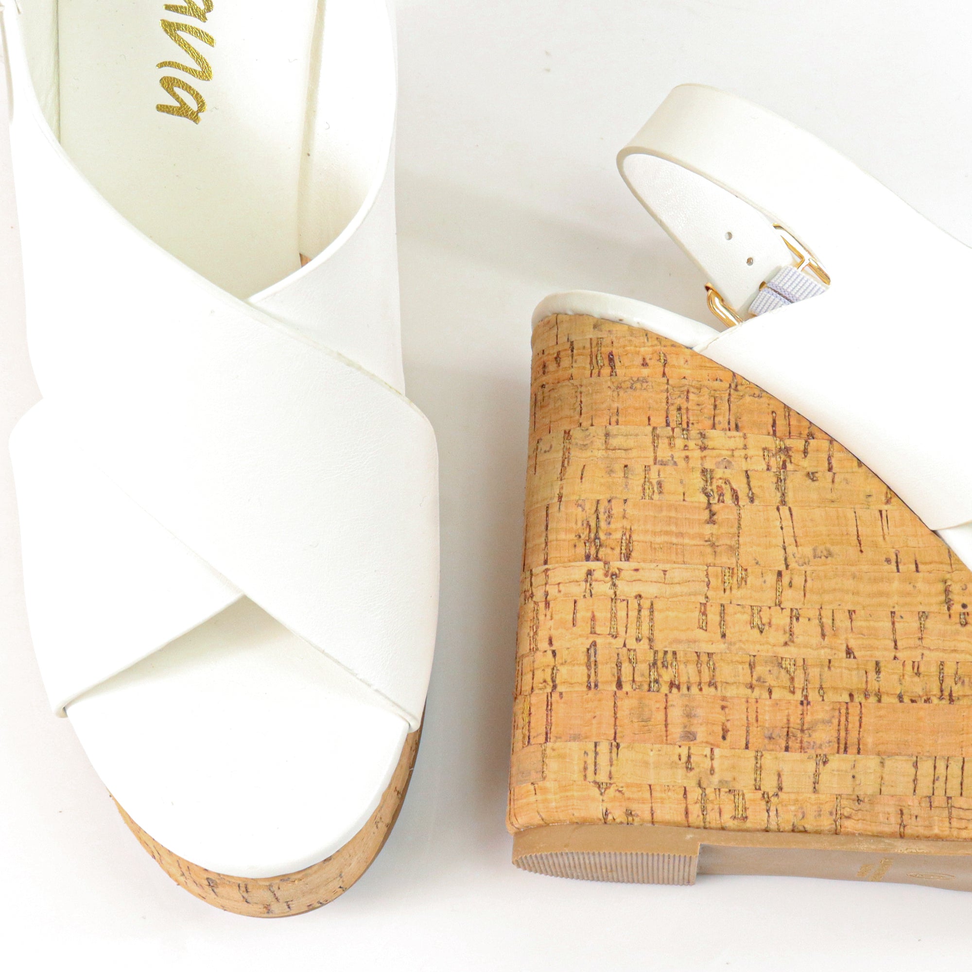 LELISA-16 CROSS BUCKLE ANKLE STRAP SANDAL W/ ESPADRILLE WEDGE WHITE