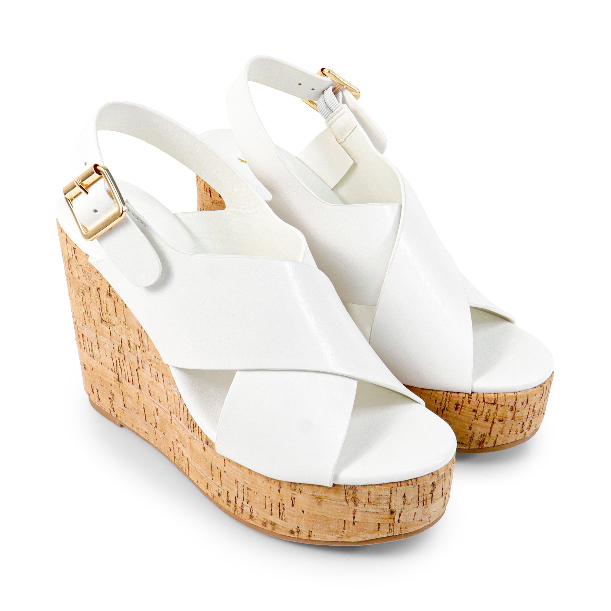 LELISA-16 CROSS BUCKLE ANKLE STRAP SANDAL W/ ESPADRILLE WEDGE WHITE