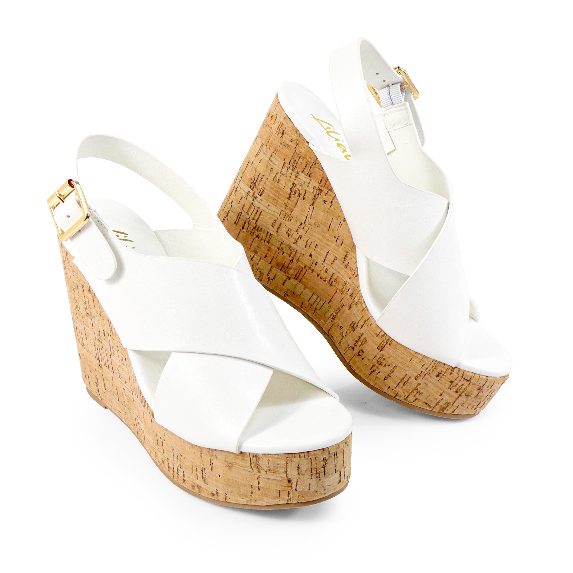 LELISA-16 CROSS BUCKLE ANKLE STRAP SANDAL W/ ESPADRILLE WEDGE WHITE