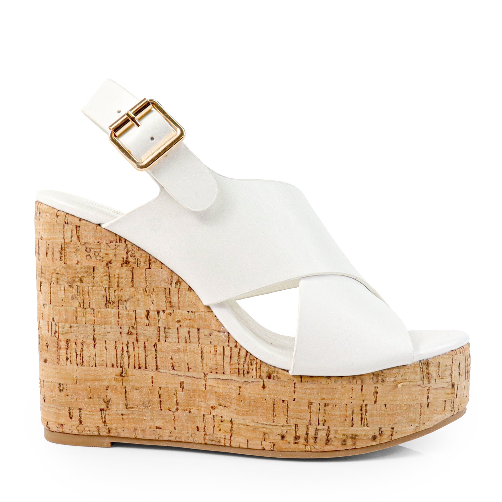 LELISA-16 CROSS BUCKLE ANKLE STRAP SANDAL W/ ESPADRILLE WEDGE WHITE