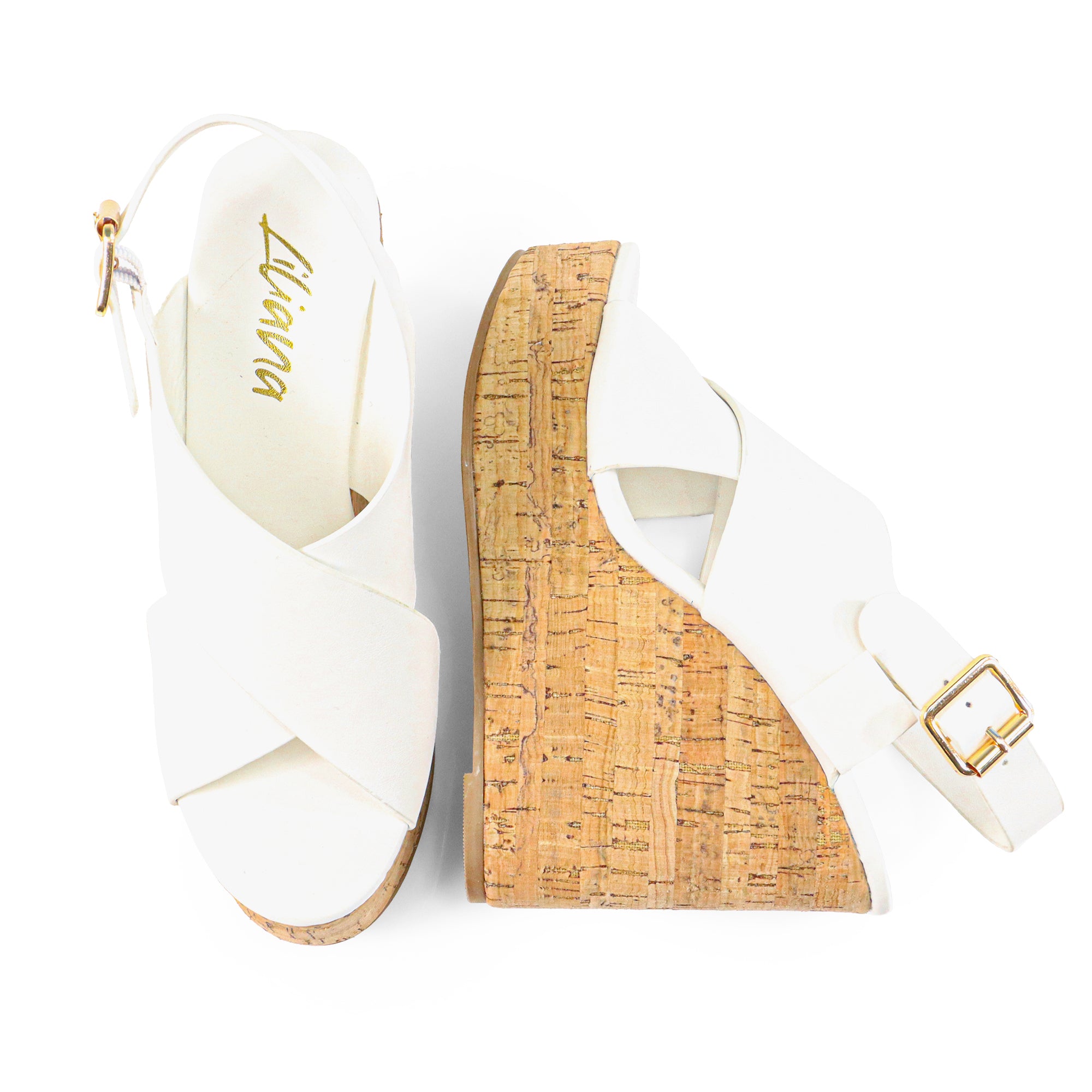 LELISA-16 CROSS BUCKLE ANKLE STRAP SANDAL W/ ESPADRILLE WEDGE WHITE