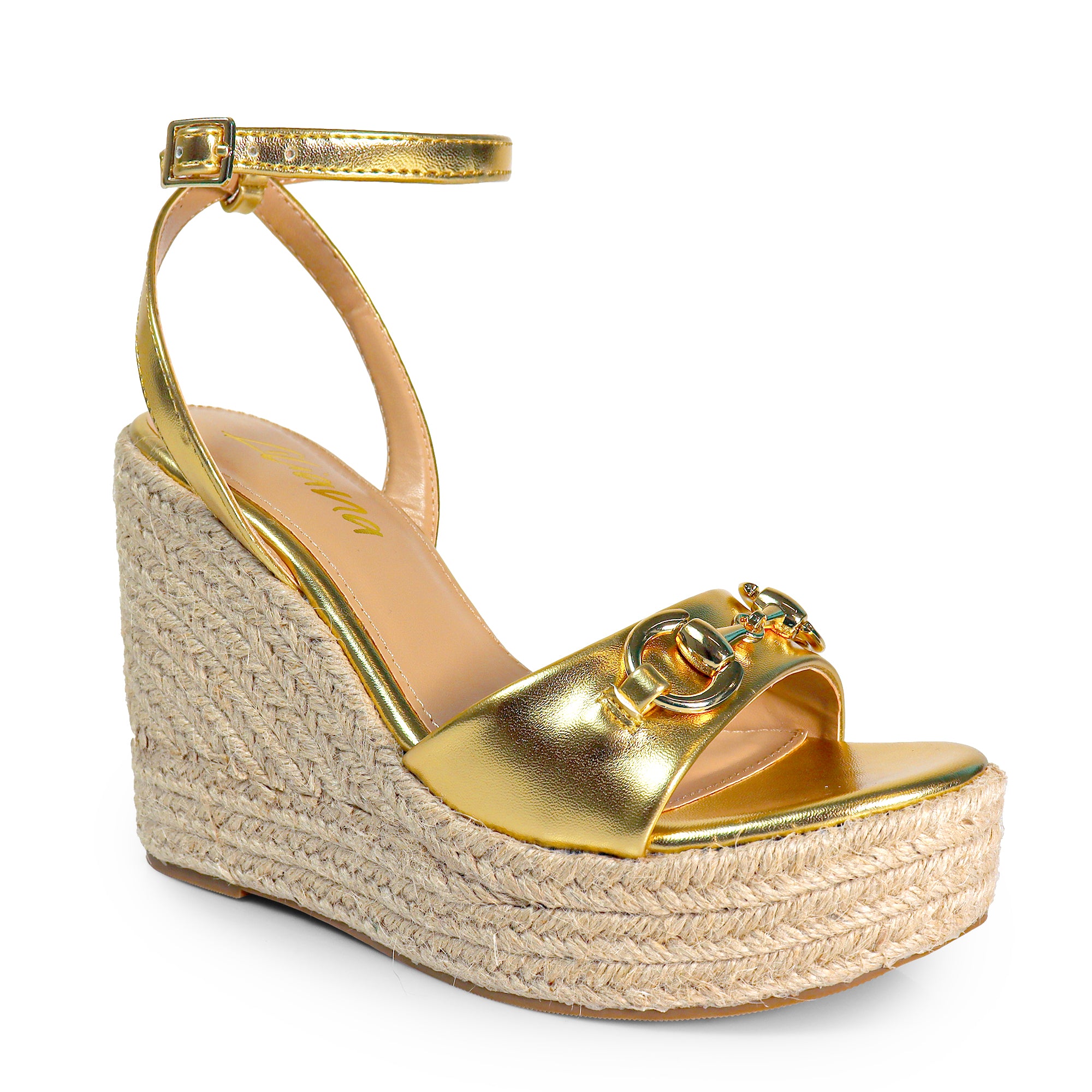 LELISA-7 ANKLE STRAP SANDAL W/ ESPADRILLE WEDGE GOLD