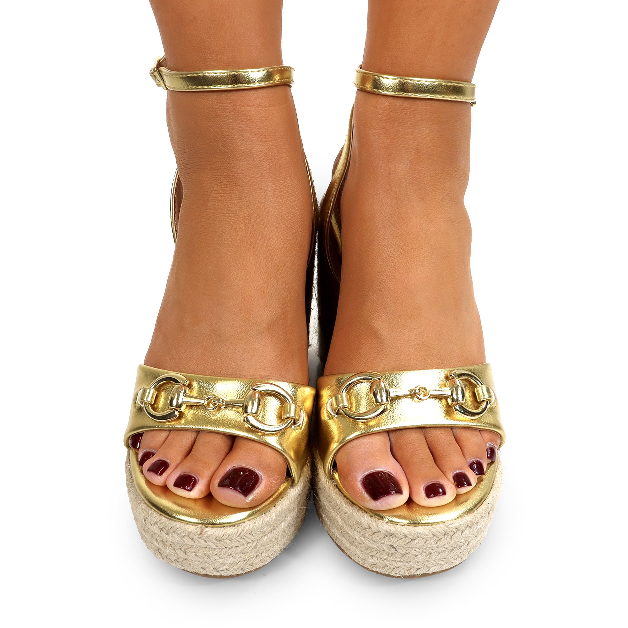 LELISA-7 ANKLE STRAP SANDAL W/ ESPADRILLE WEDGE GOLD