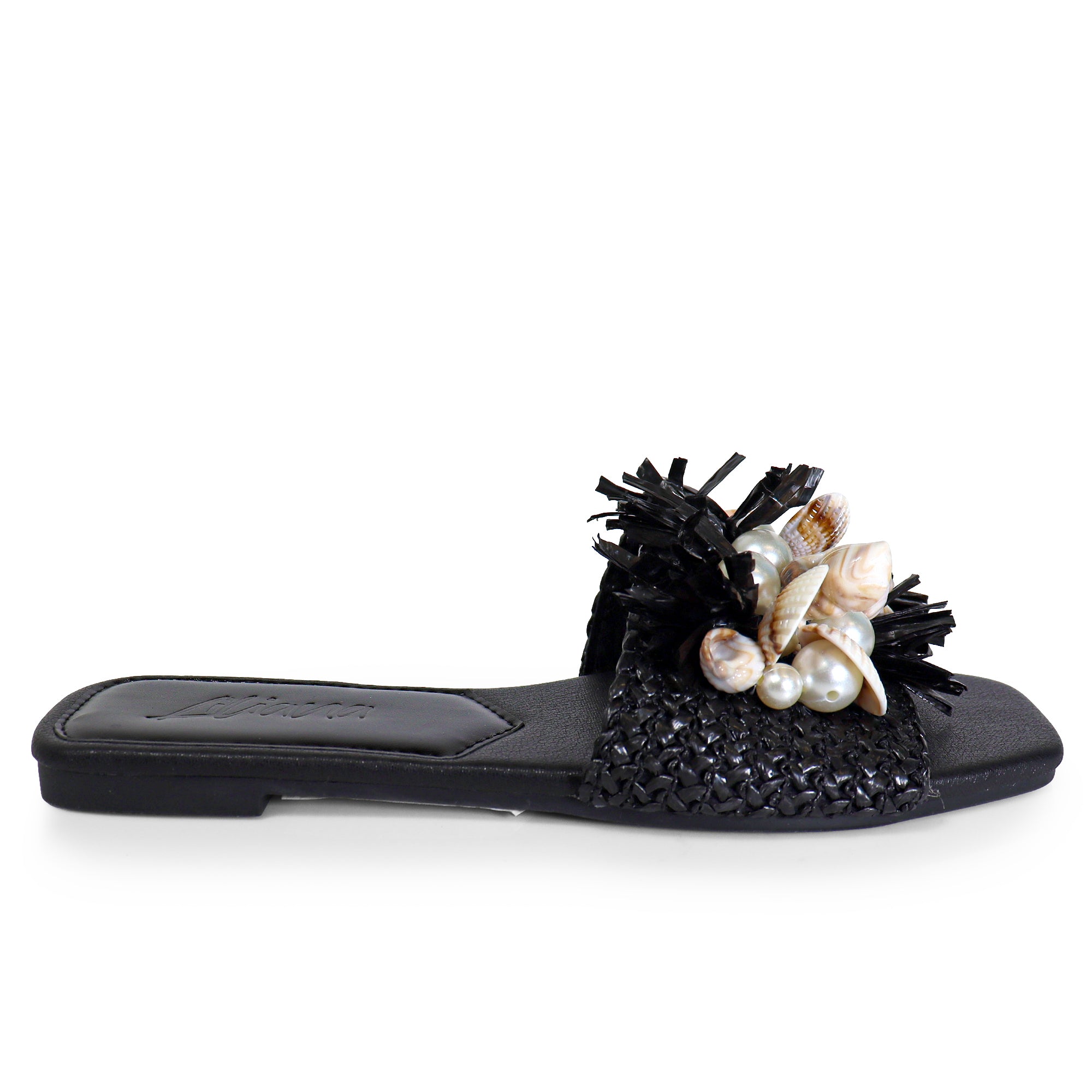 LEXI BEACHY RAFFIA SEA SHELL PEARL W/FLAT SANDAL BLACK