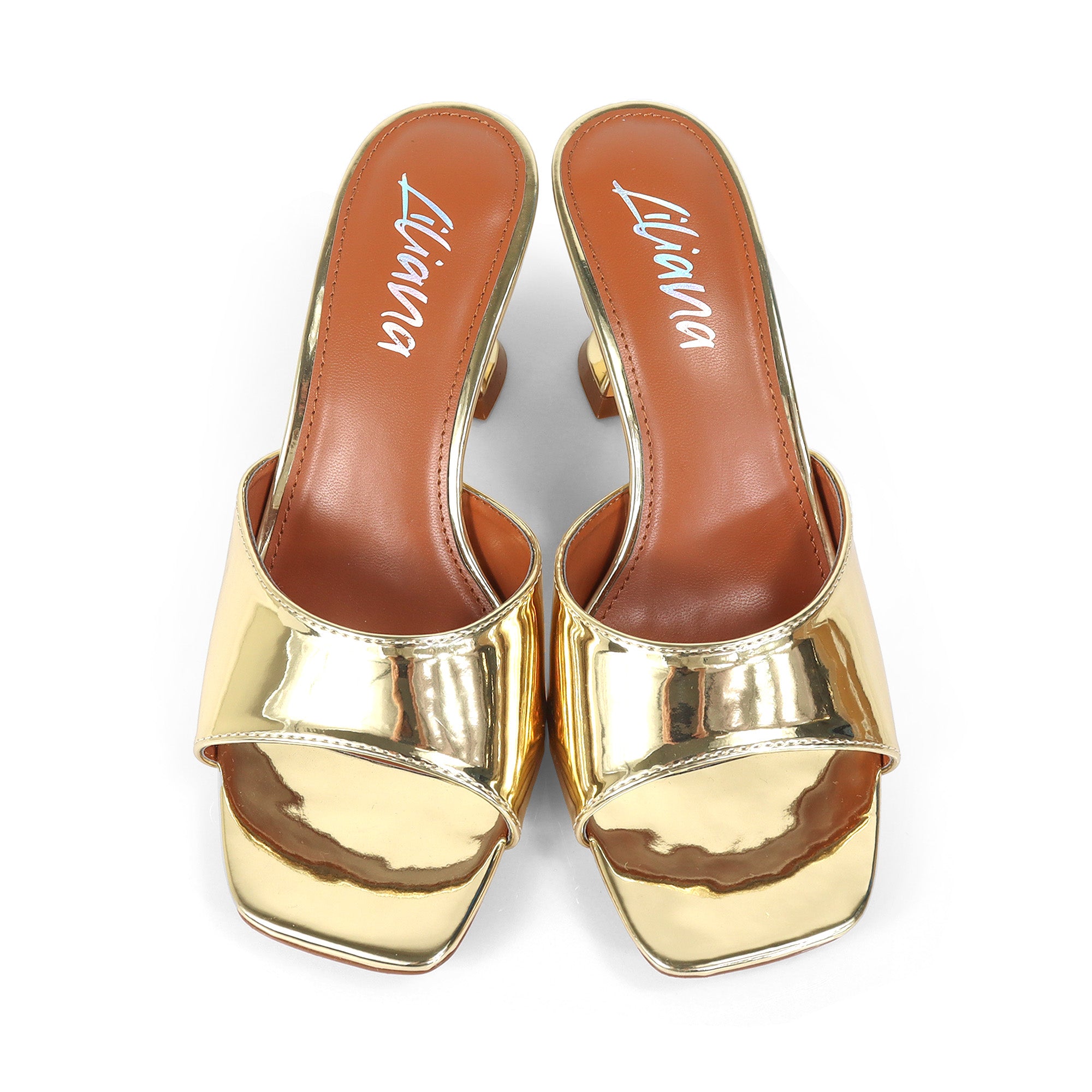 LILY-1 SQUARE TOE MULE SANDAL W/ KITTEN SPOOL HEEL GOLD