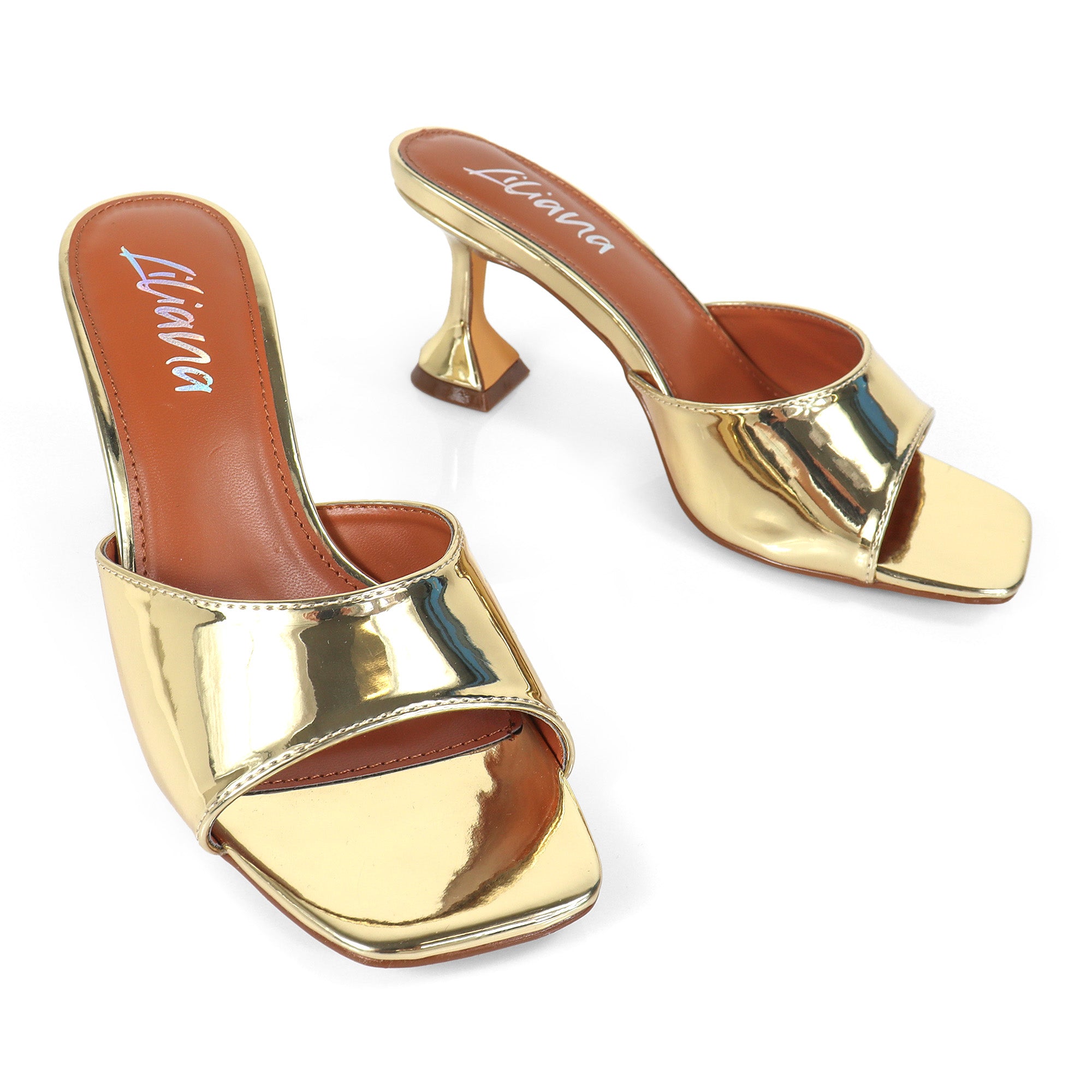 LILY-1 SQUARE TOE MULE SANDAL W/ KITTEN SPOOL HEEL GOLD