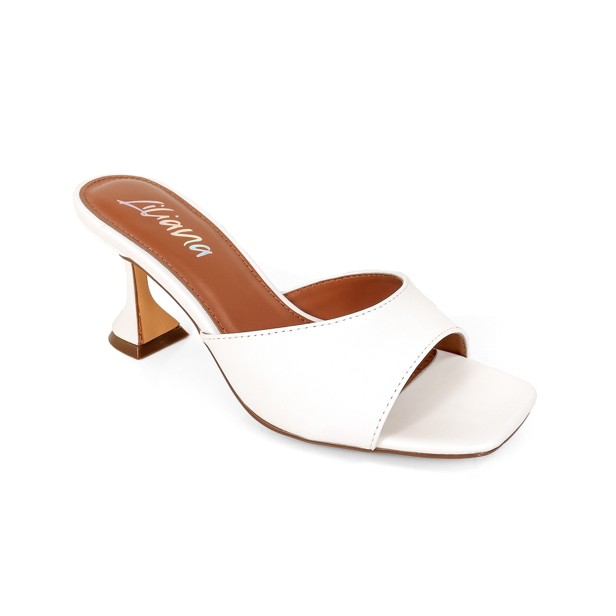 LILY-1 SQUARE TOE MULE SANDAL W/ KITTEN SPOOL HEEL WHITE