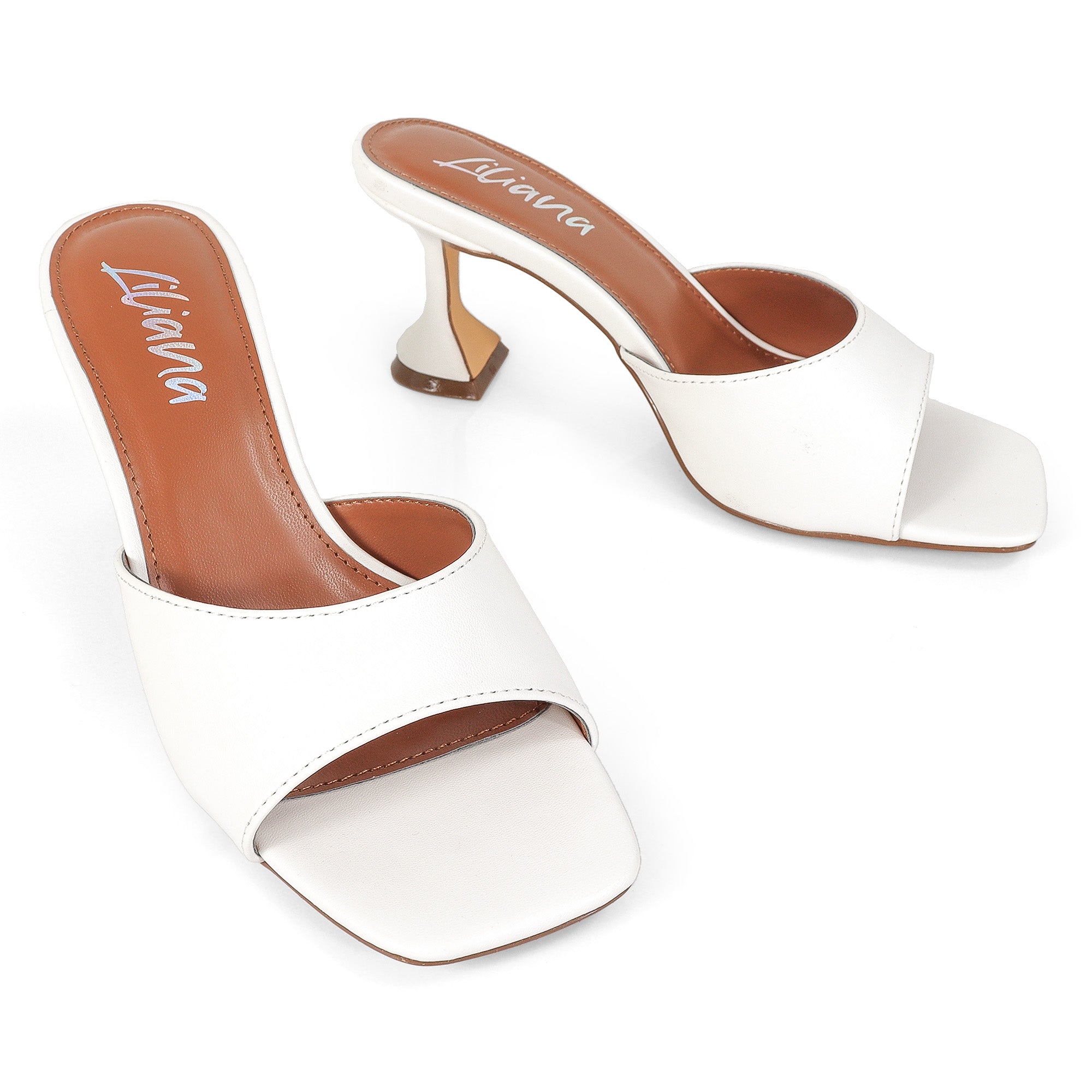 LILY-1 SQUARE TOE MULE SANDAL W/ KITTEN SPOOL HEEL WHITE