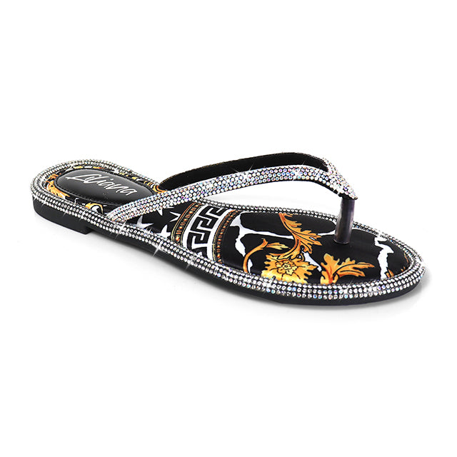 LINDY-1 THONG RHINESTONE FLIP FLOP SANDALES BLACK MULTIPLE