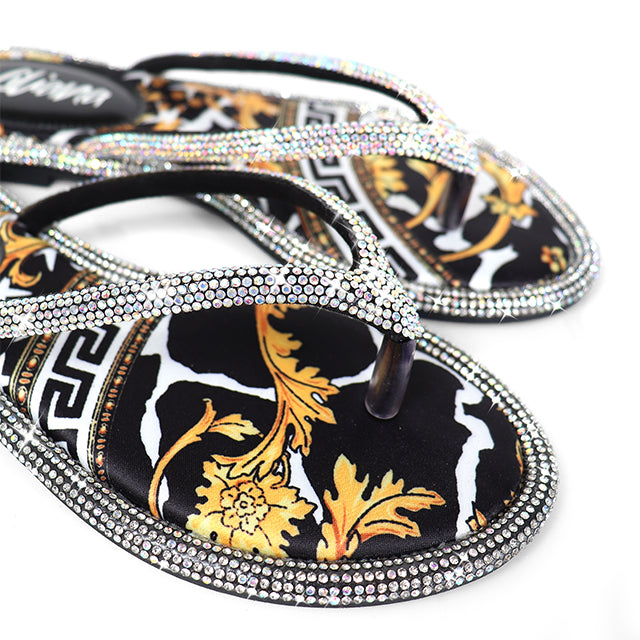 LINDY-1 THONG RHINESTONE FLIP FLOP SANDALES BLACK MULTIPLE