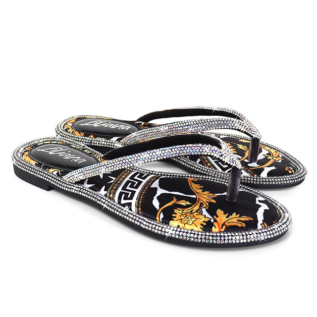 LINDY-1 THONG RHINESTONE FLIP FLOP SANDALES BLACK MULTIPLE