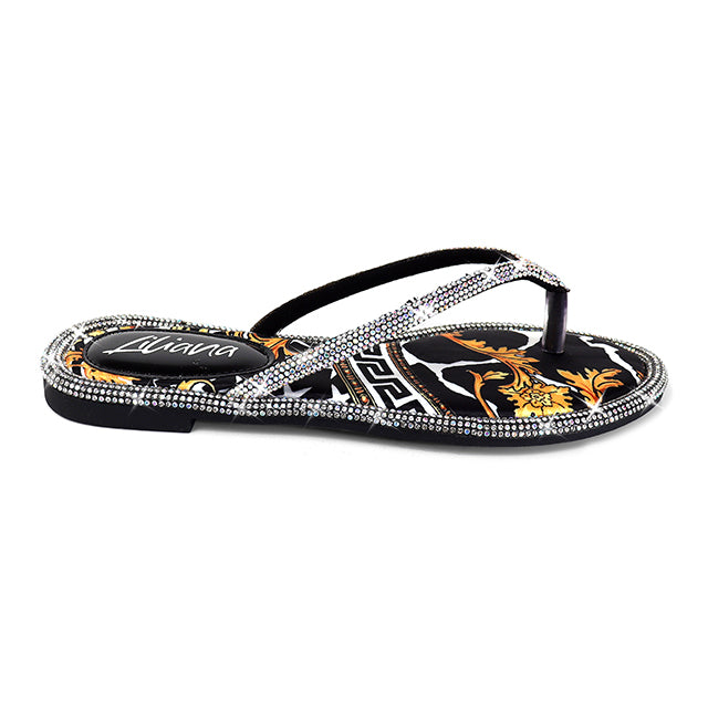 LINDY-1 THONG RHINESTONE FLIP FLOP SANDALES BLACK MULTIPLE