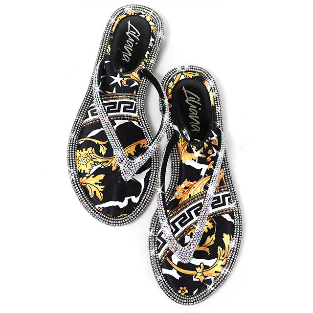 LINDY-1 THONG RHINESTONE FLIP FLOP SANDALES BLACK MULTIPLE
