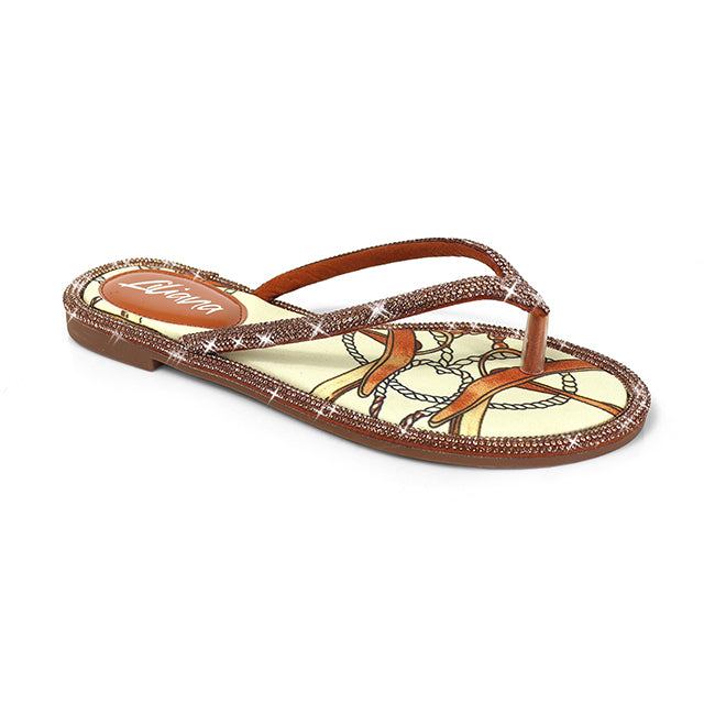 LINDY-1 THONG RHINESTONE FLIP FLOP SANDALES TAN MULTIPLE