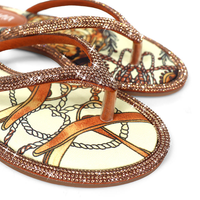 LINDY-1 THONG RHINESTONE FLIP FLOP SANDALES TAN MULTIPLE