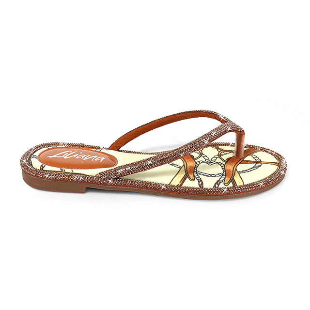 LINDY-1 THONG RHINESTONE FLIP FLOP SANDALES TAN MULTIPLE