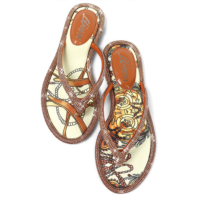 LINDY-1 THONG RHINESTONE FLIP FLOP SANDALES TAN MULTIPLE
