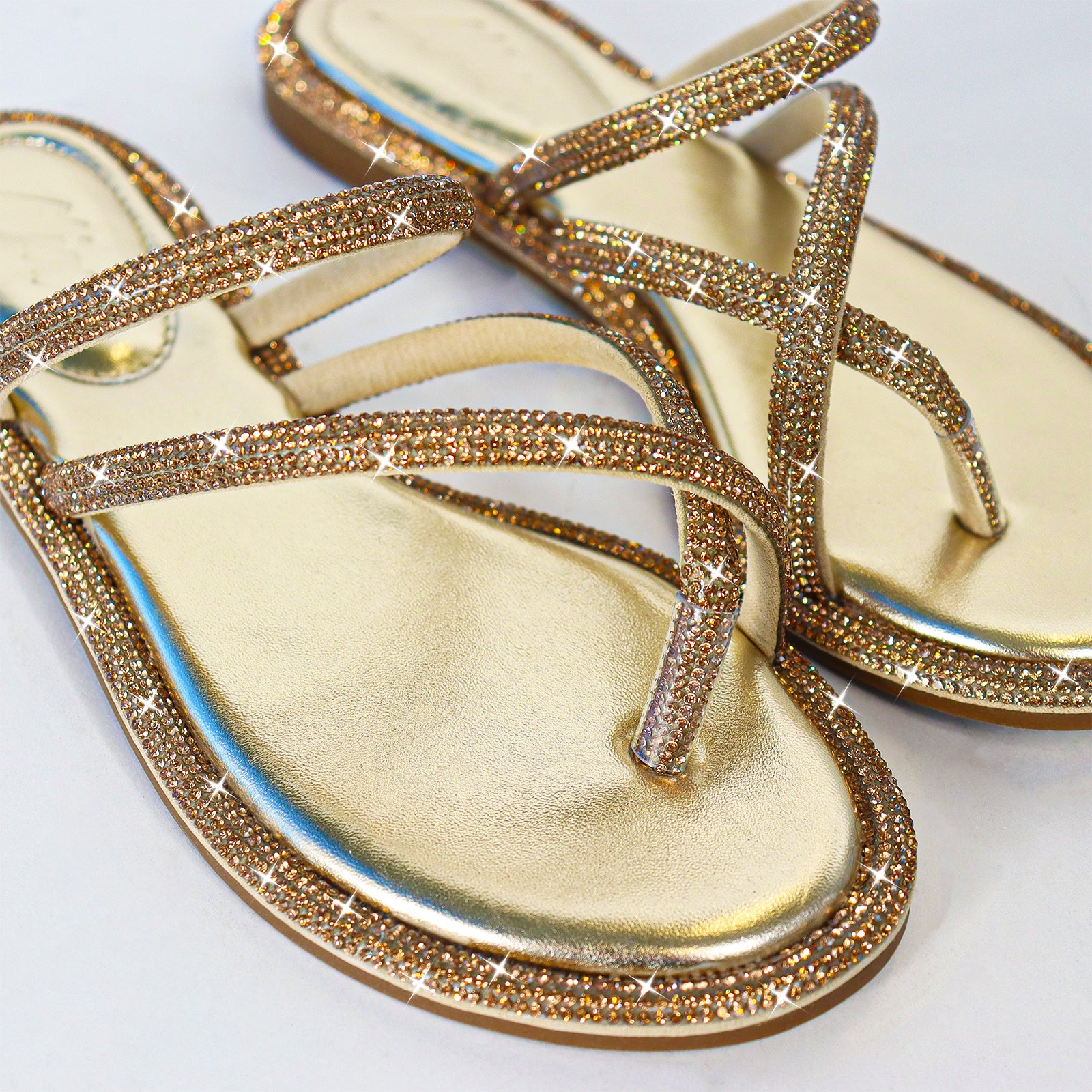 LINDY-2 RHINESTONE FLIP FLOP SANDALES-GOLD