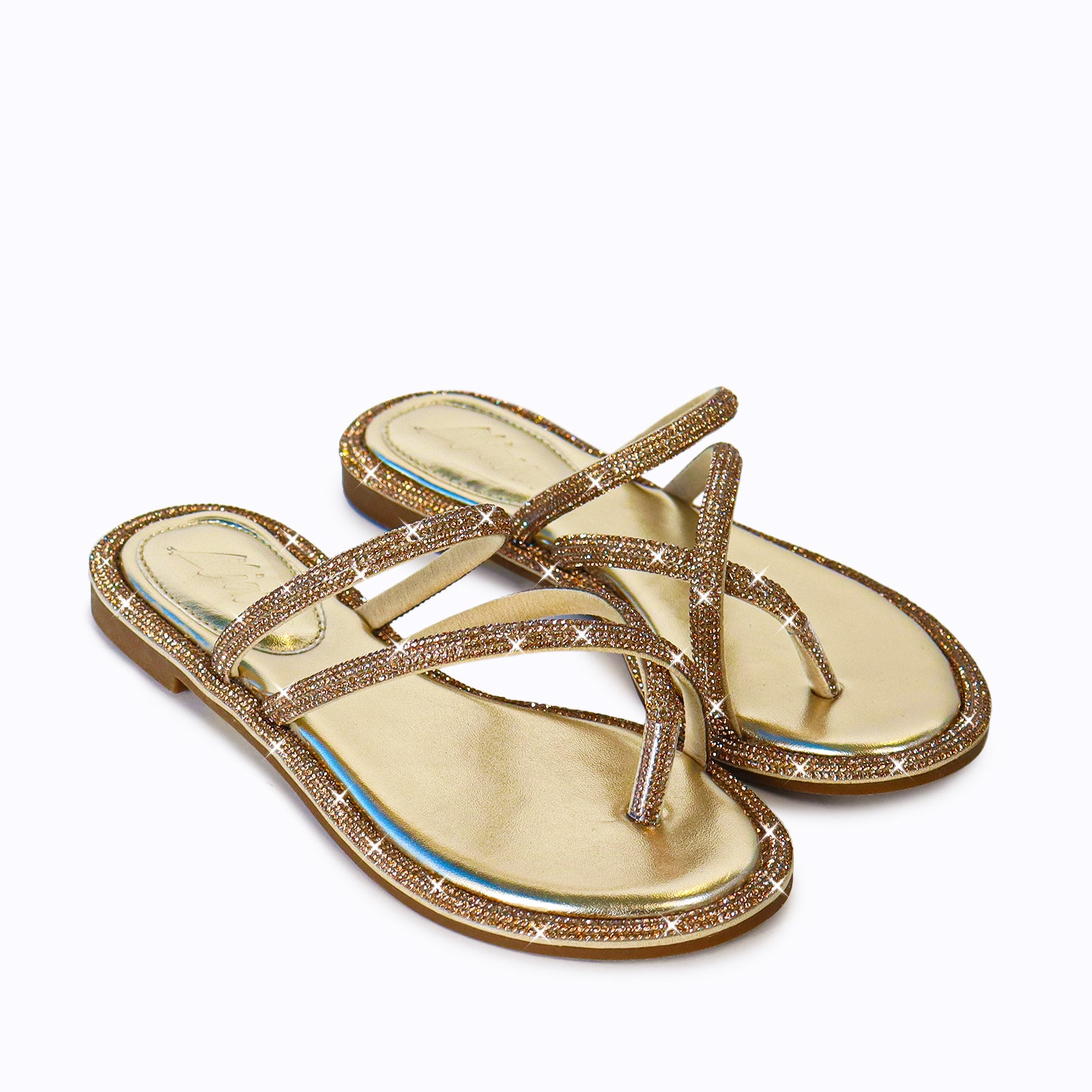 LINDY-2 RHINESTONE FLIP FLOP SANDALES-GOLD