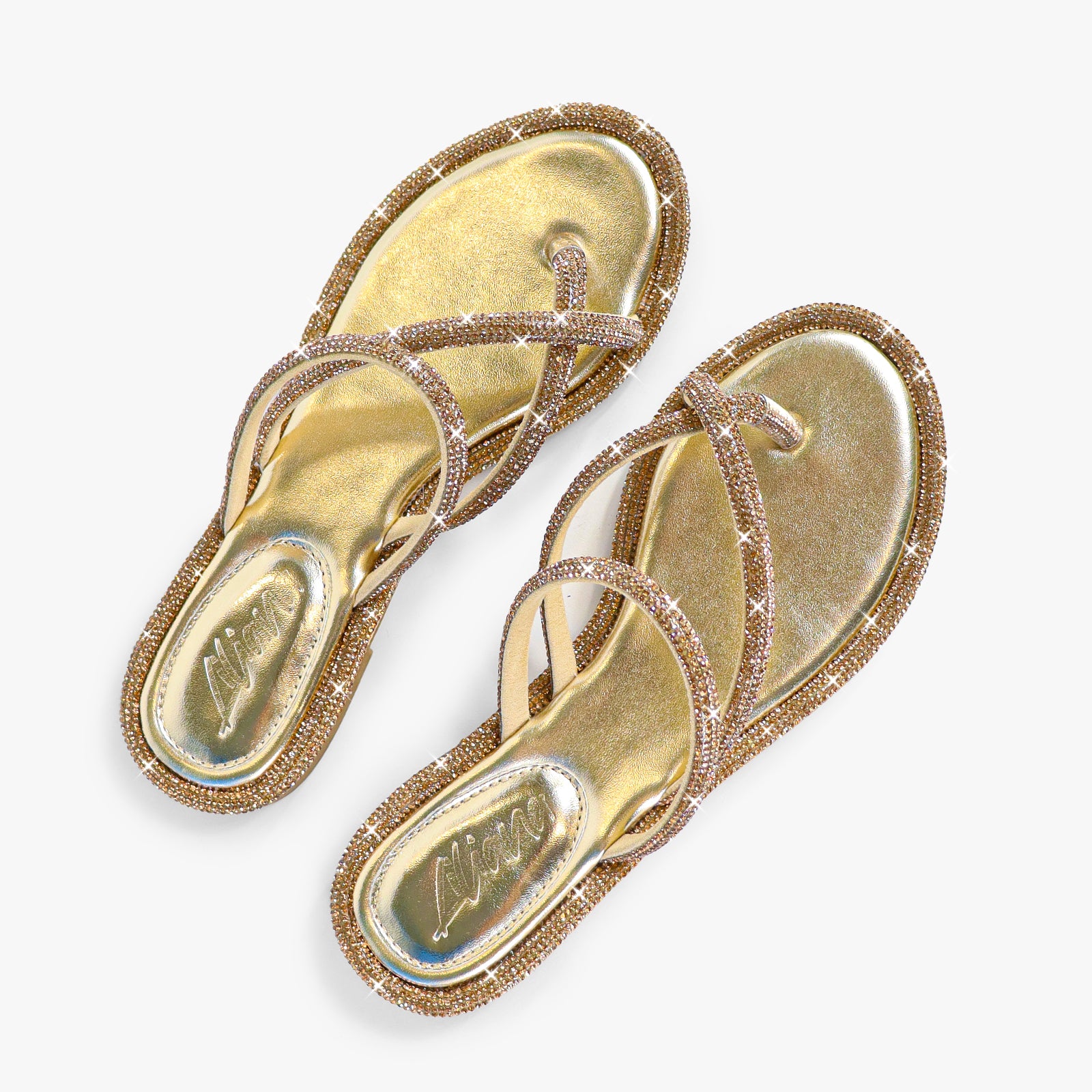 LINDY-2 RHINESTONE FLIP FLOP SANDALES-GOLD