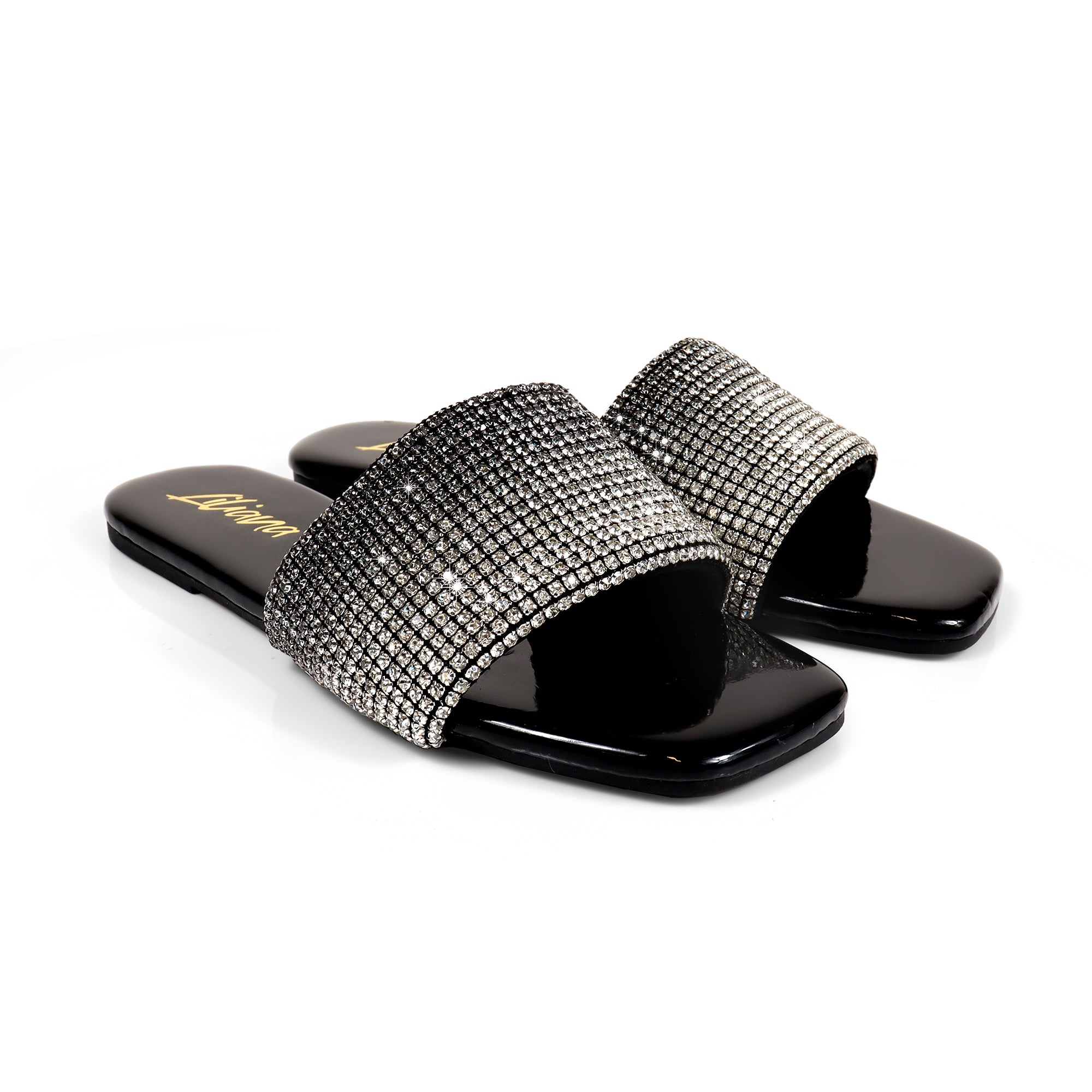 LISA-45- GRADIENT RHINESTONE FLAT SLIDE BLACK