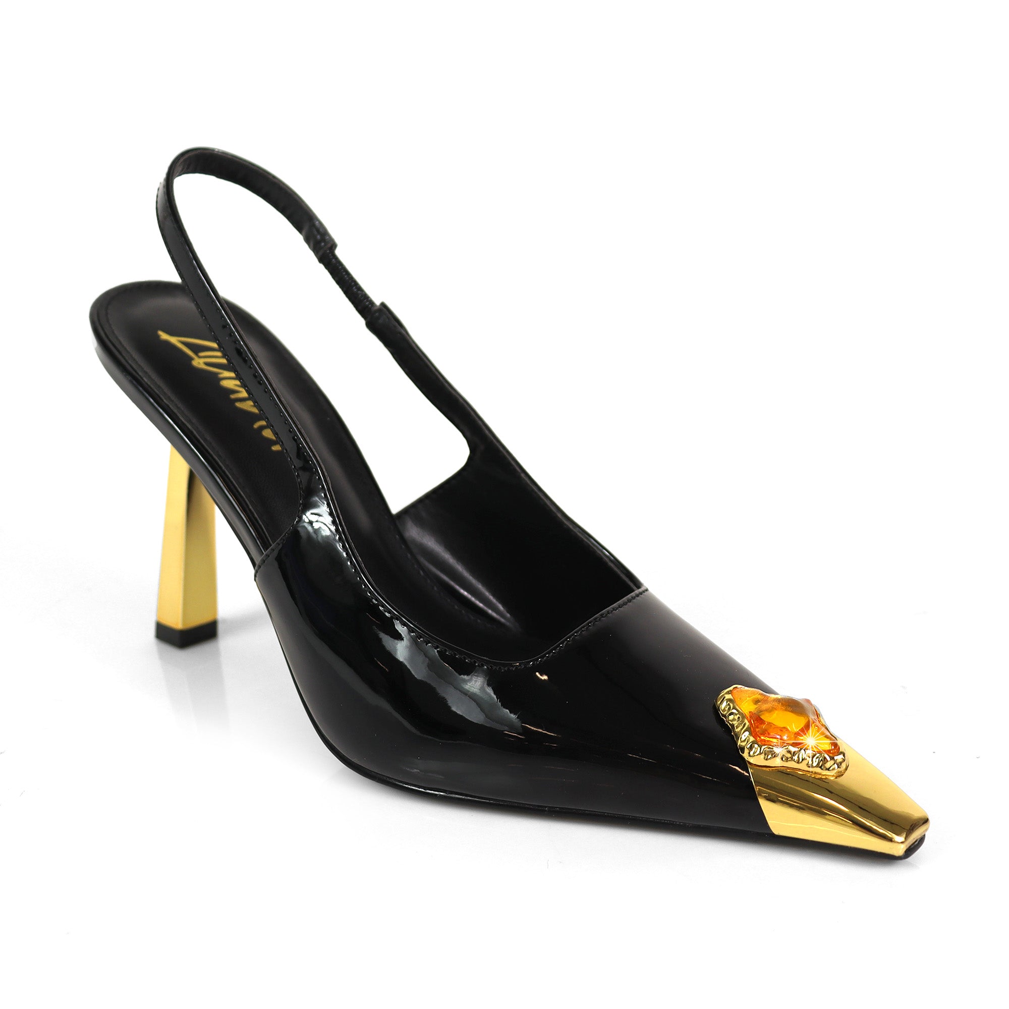 LIYA-9 SQUARE POINTED TOE SLINGBACK W/ GEOMETRIC HEEL & RHINESTONE BLACK