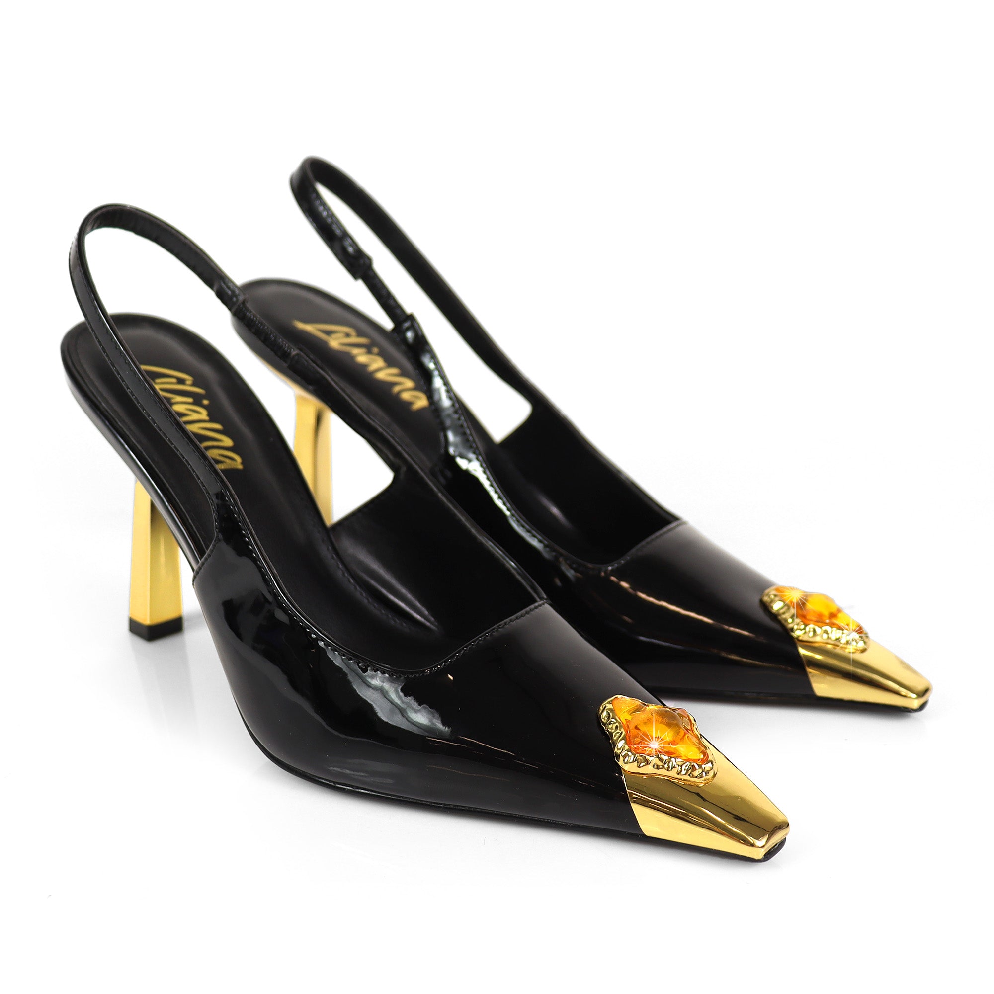 LIYA-9 SQUARE POINTED TOE SLINGBACK W/ GEOMETRIC HEEL & RHINESTONE BLACK