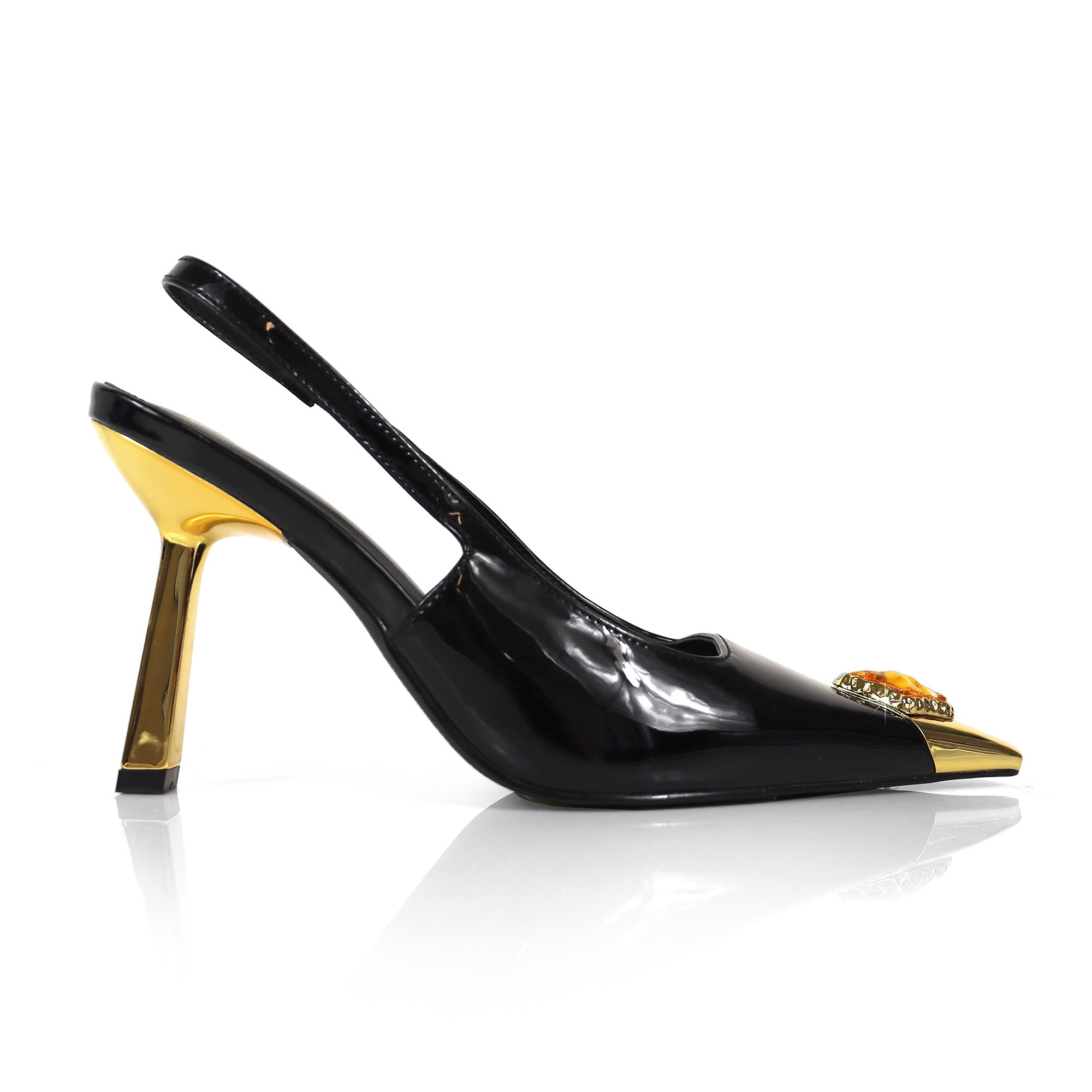 LIYA-9 SQUARE POINTED TOE SLINGBACK W/ GEOMETRIC HEEL & RHINESTONE BLACK
