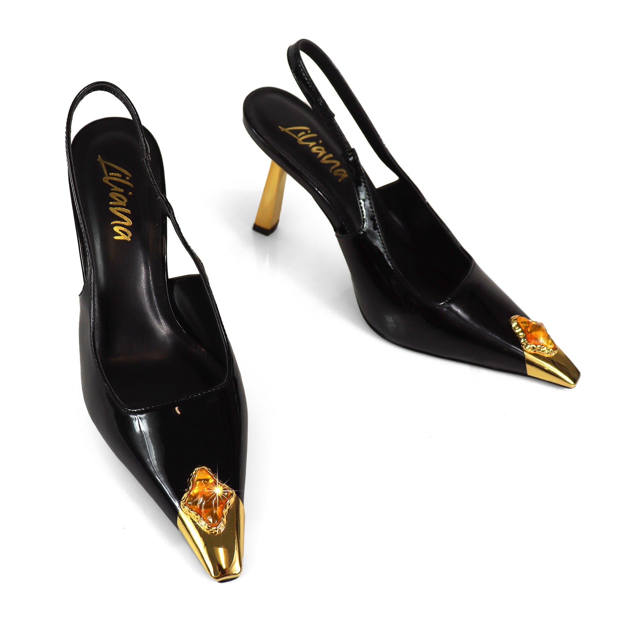 LIYA-9 SQUARE POINTED TOE SLINGBACK W/ GEOMETRIC HEEL & RHINESTONE BLACK
